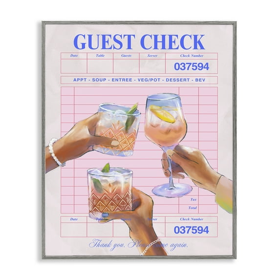 Stupell Industries Cheers over Guest Check Food & Beverage Painting Gray Framed Art Print Wall Art, 16 x 20