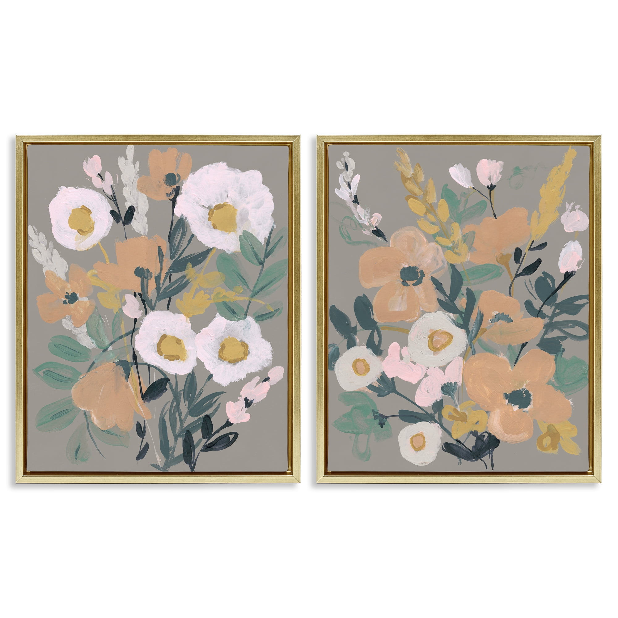 Stupell Industries Cheery Floral Bouquet Plants & Flowers Painting Gold Floater Framed Canvas Art Print Wall Art, 31 x 25, Set of 2