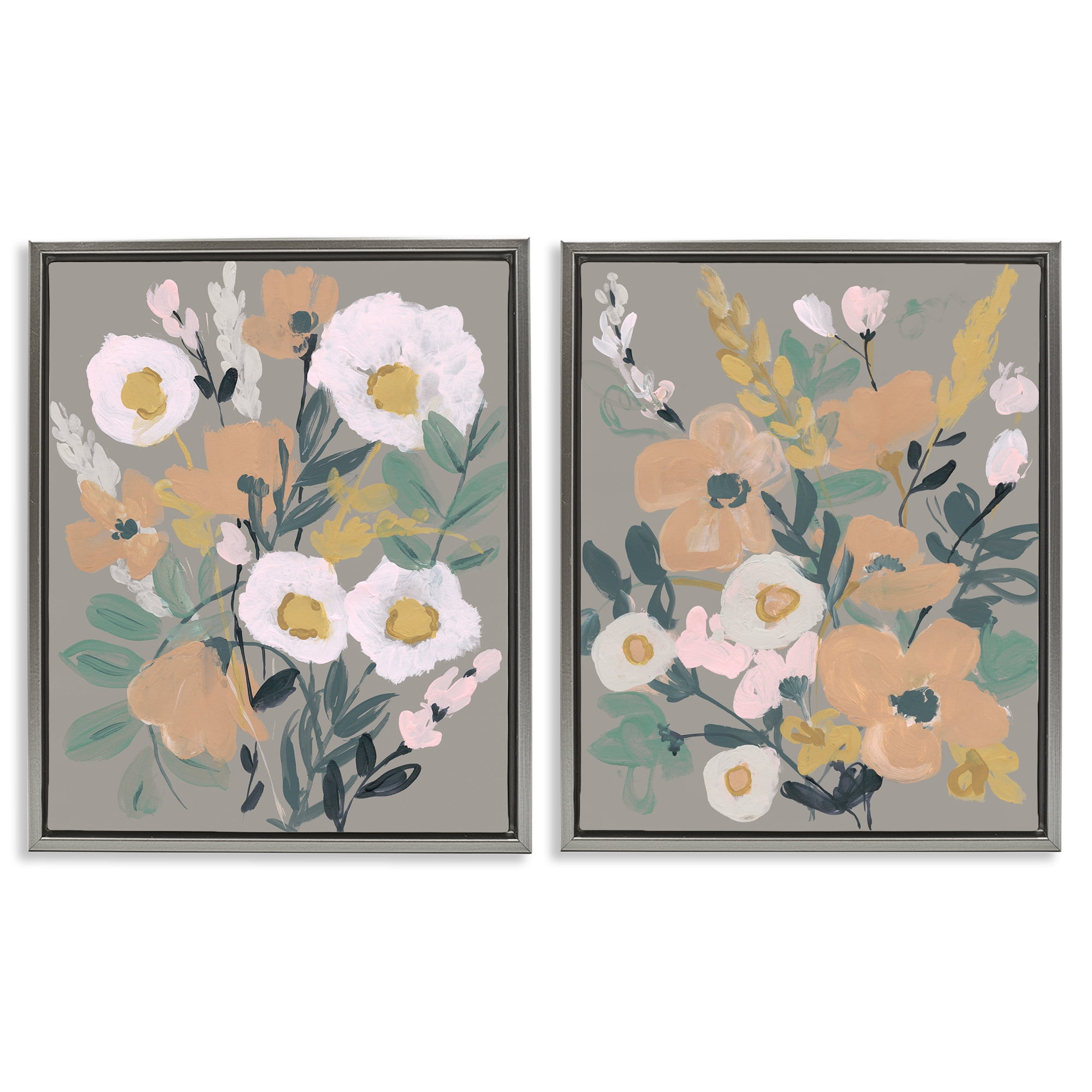 Stupell Industries Cheery Floral Bouquet Plants & Flowers Painting Gray Floater Framed Canvas Art Print Wall Art, 17 x 21, Set of 2
