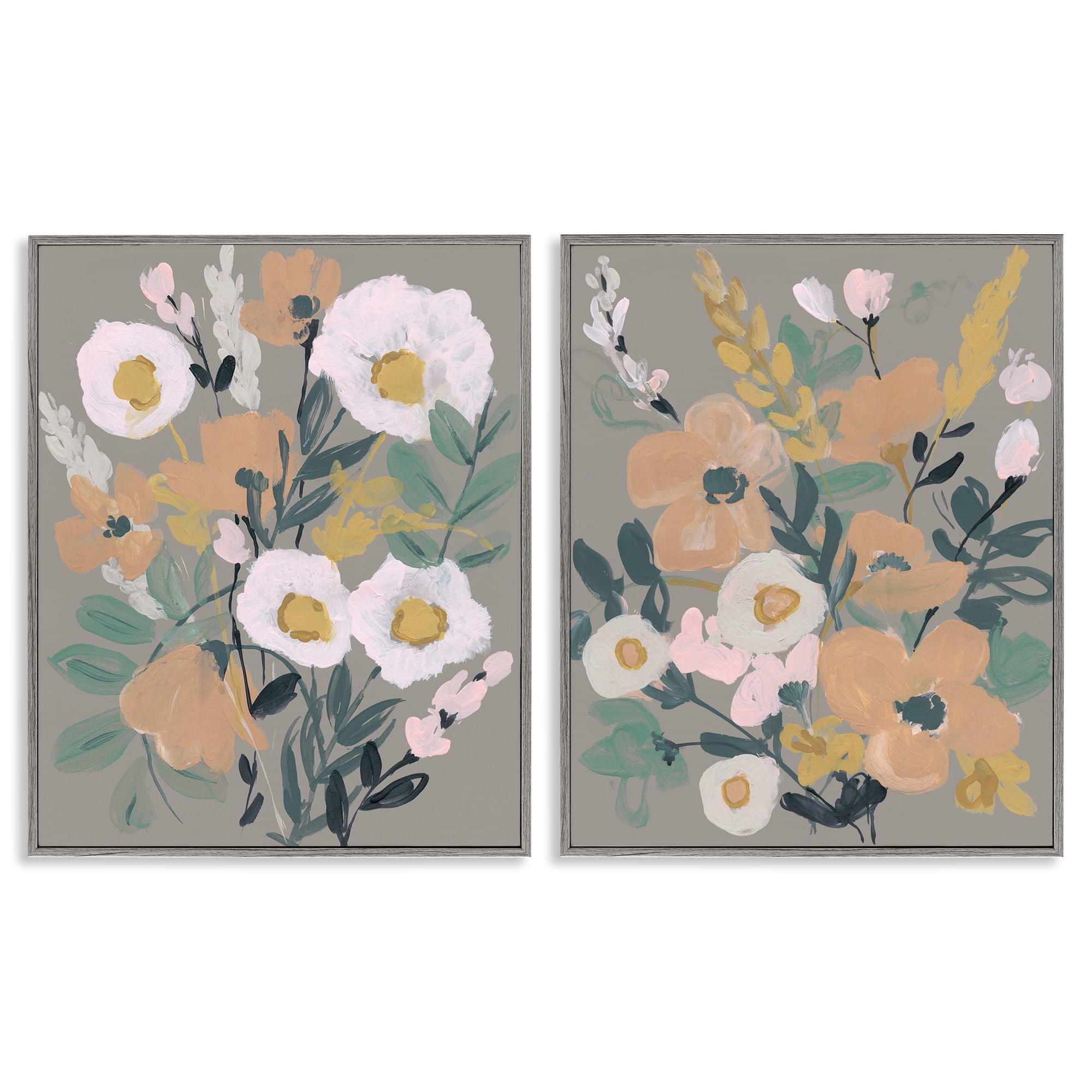 Stupell Industries Cheery Floral Bouquet Plants & Flowers Painting Gray Framed Art Print Wall Art, 11 x 14, Set of 2