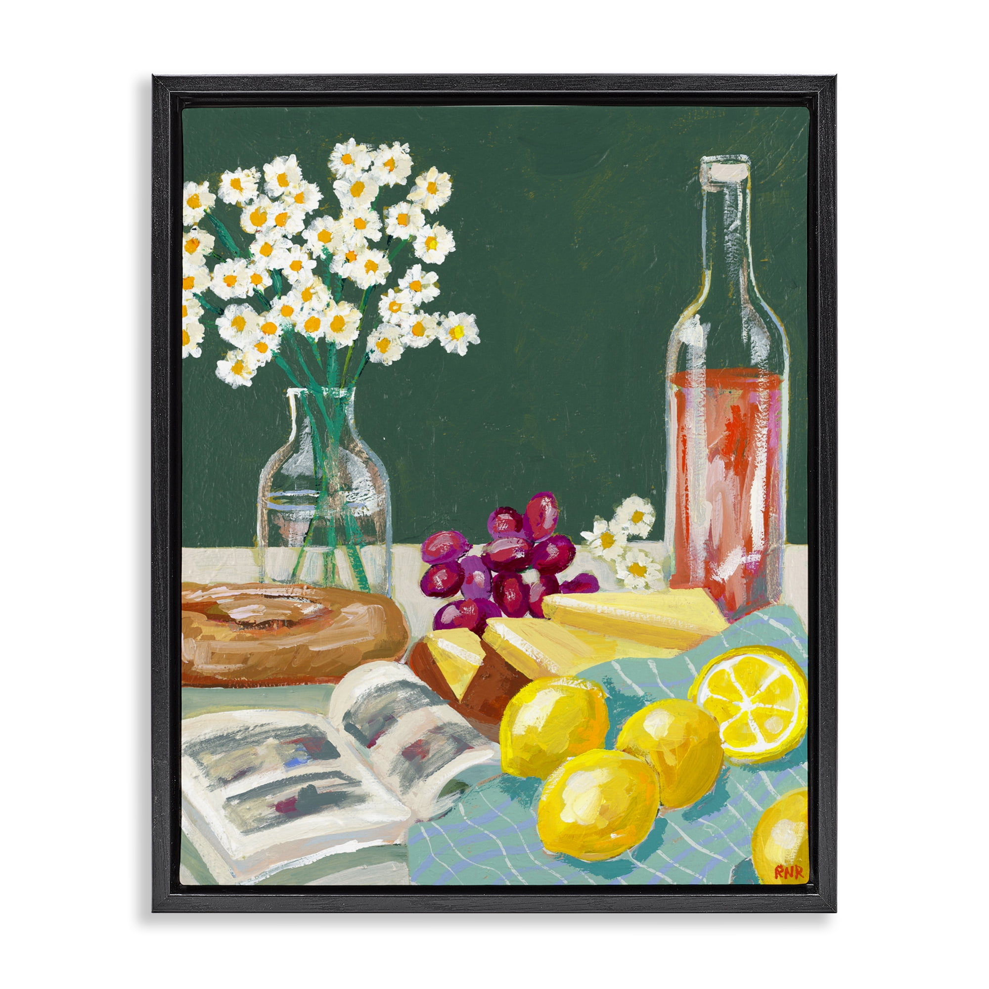 Stupell Industries Cheese, Wine and Lemon Still Life Black Framed Floater Canvas Wall Art, design by Rachael Reese