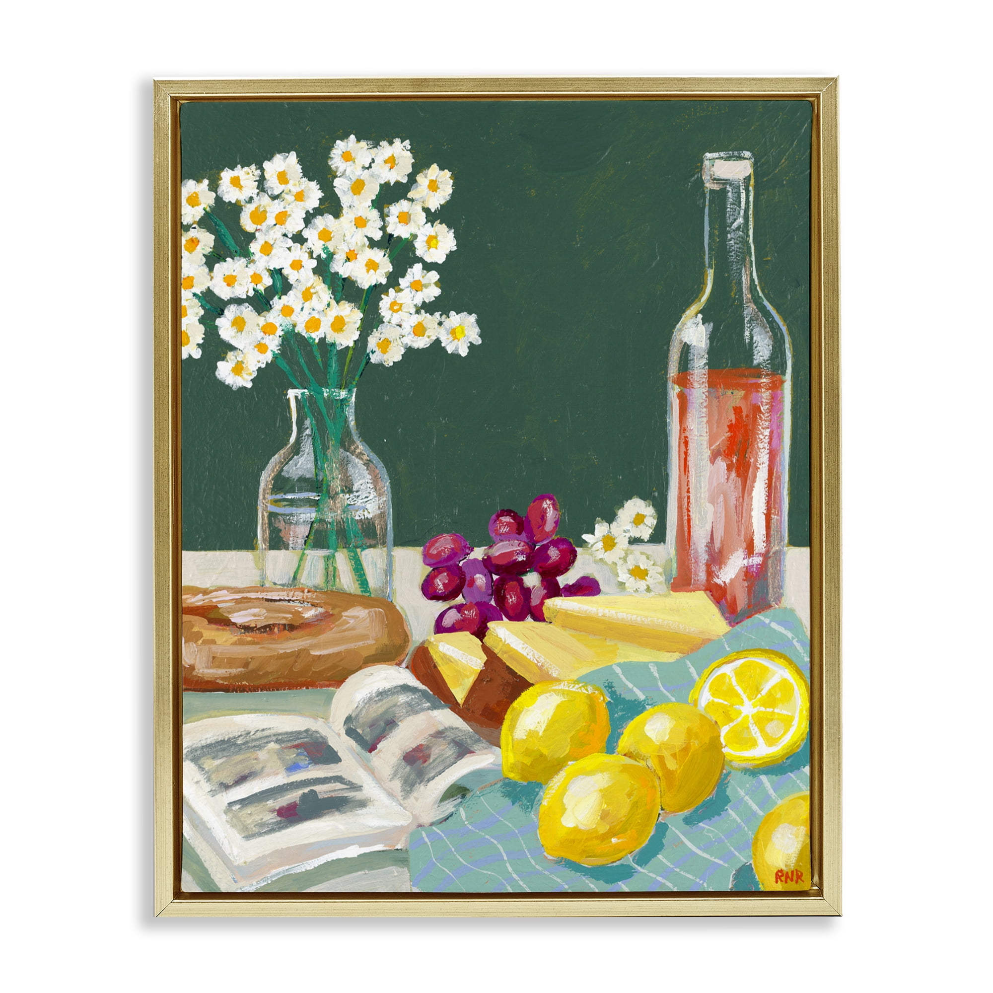 Stupell Industries Cheese, Wine and Lemon Still Life Gold Framed Floater Canvas Wall Art, design by Rachael Reese