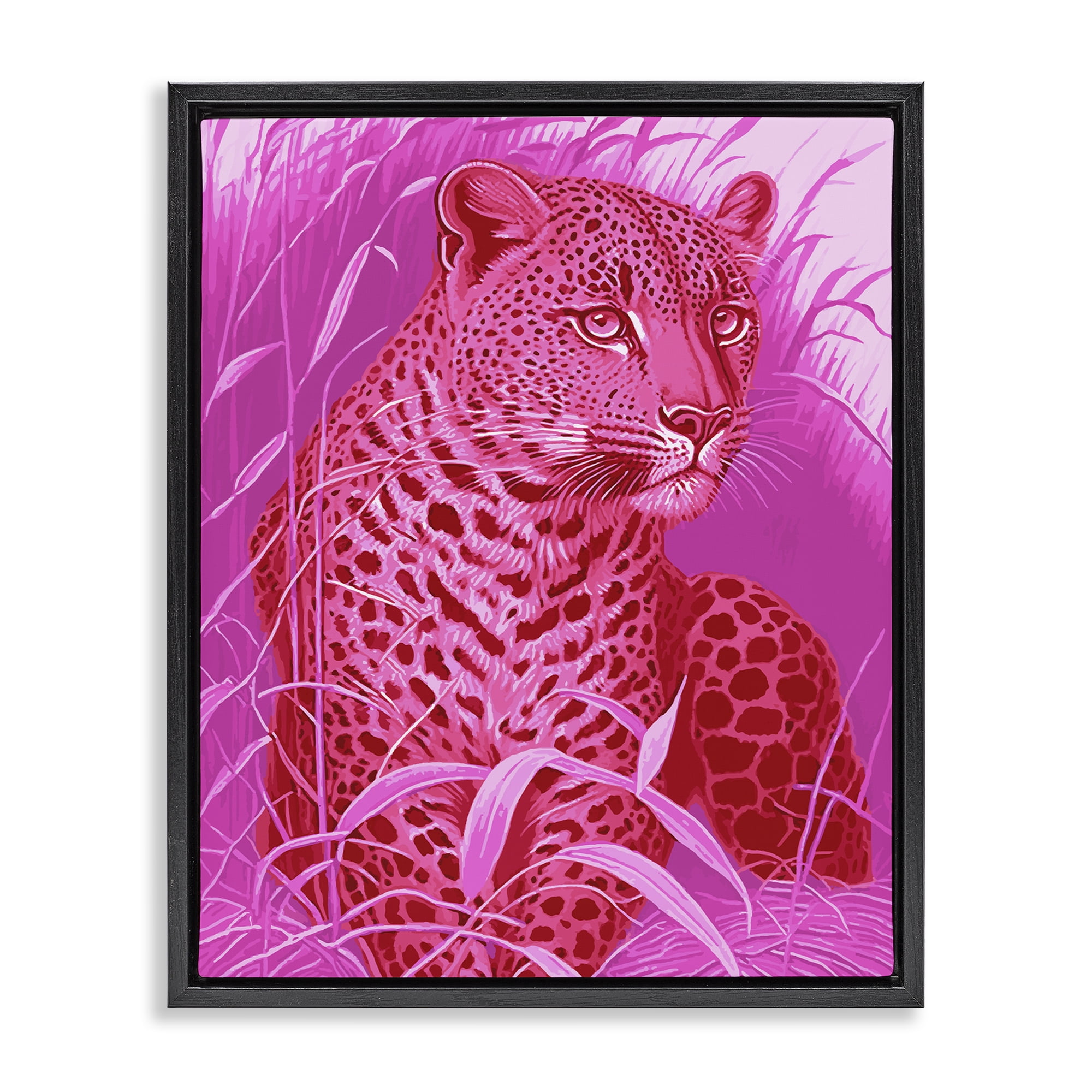 Stupell Industries Cheetah Among Pink Leaves Animals Painting Black Floater Framed Canvas Art Print Wall Art, 17 x 21