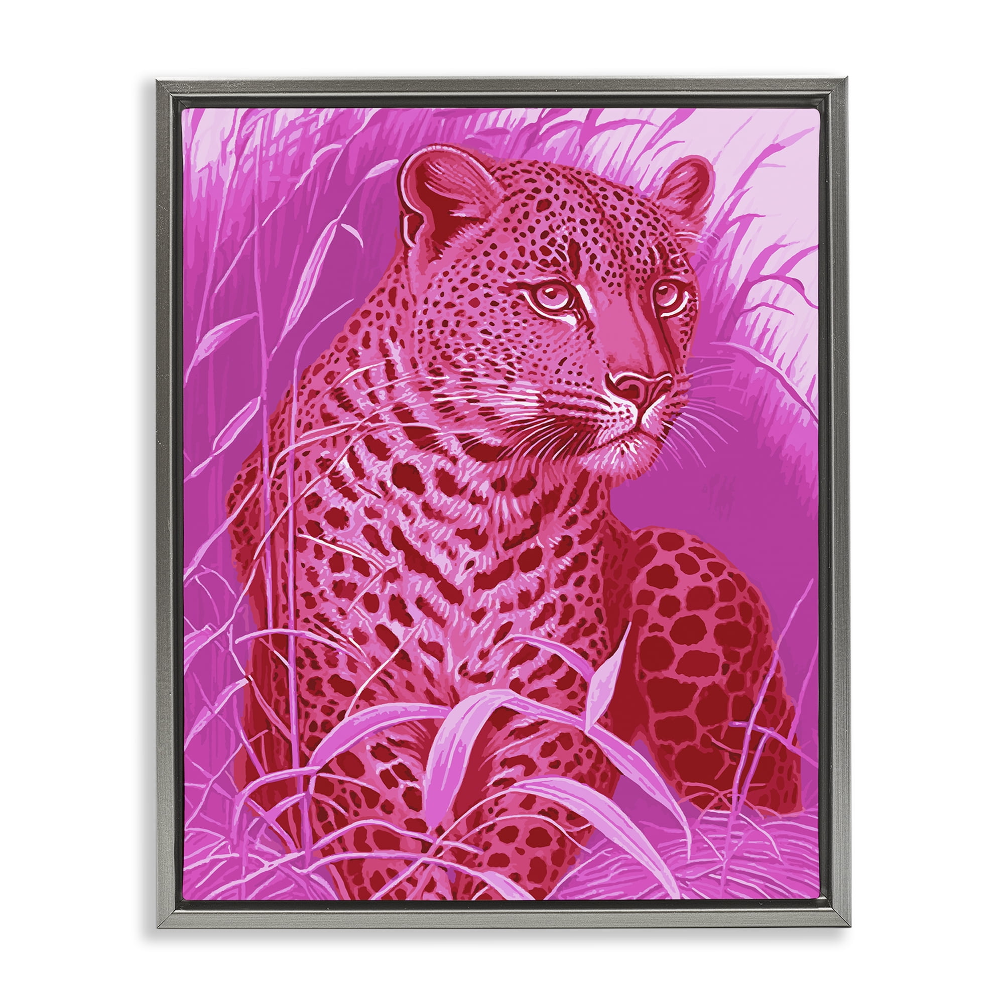 Stupell Industries Cheetah Among Pink Leaves Animals Painting Gray Floater Framed Canvas Art Print Wall Art, 17 x 21