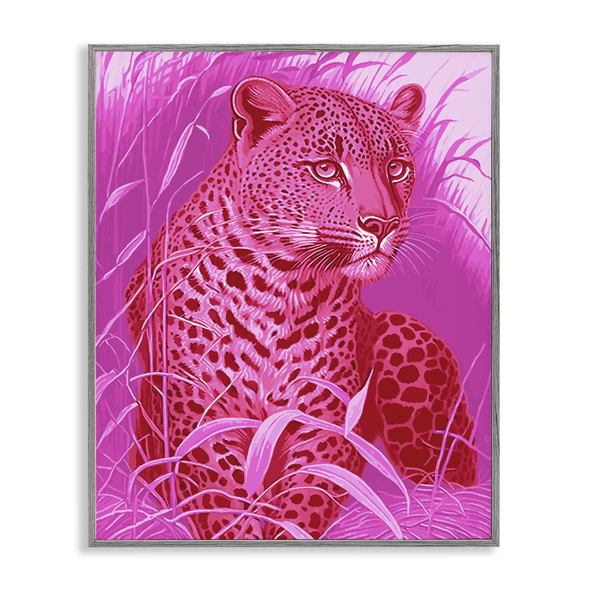 Stupell Industries Cheetah Among Pink Leaves Animals Painting Gray Framed Art Print Wall Art, 11 x 14