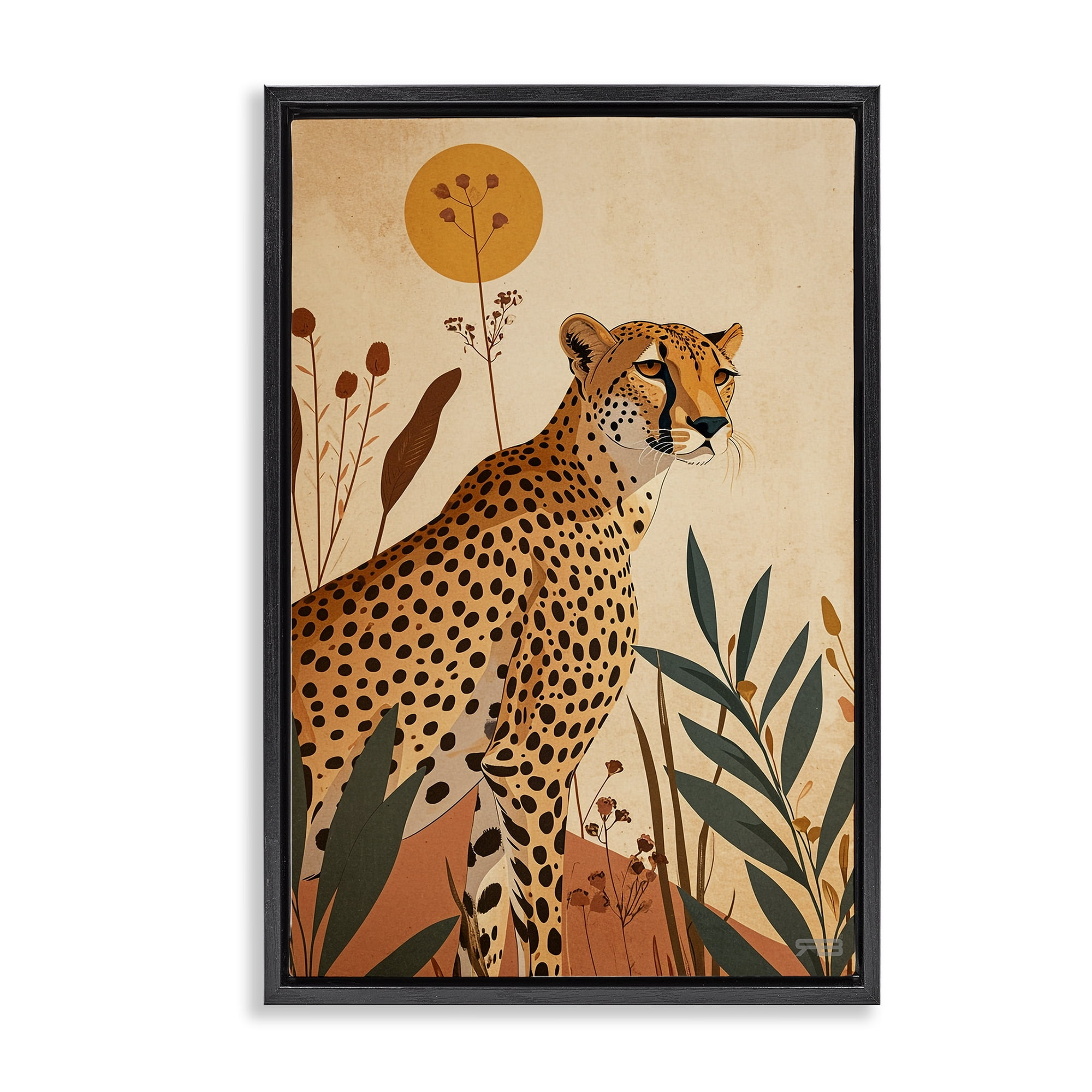 Stupell Industries Cheetah & Boho Plants Animals & Insects Painting Black Floater Framed Canvas Art Print Wall Art, 21 x 31