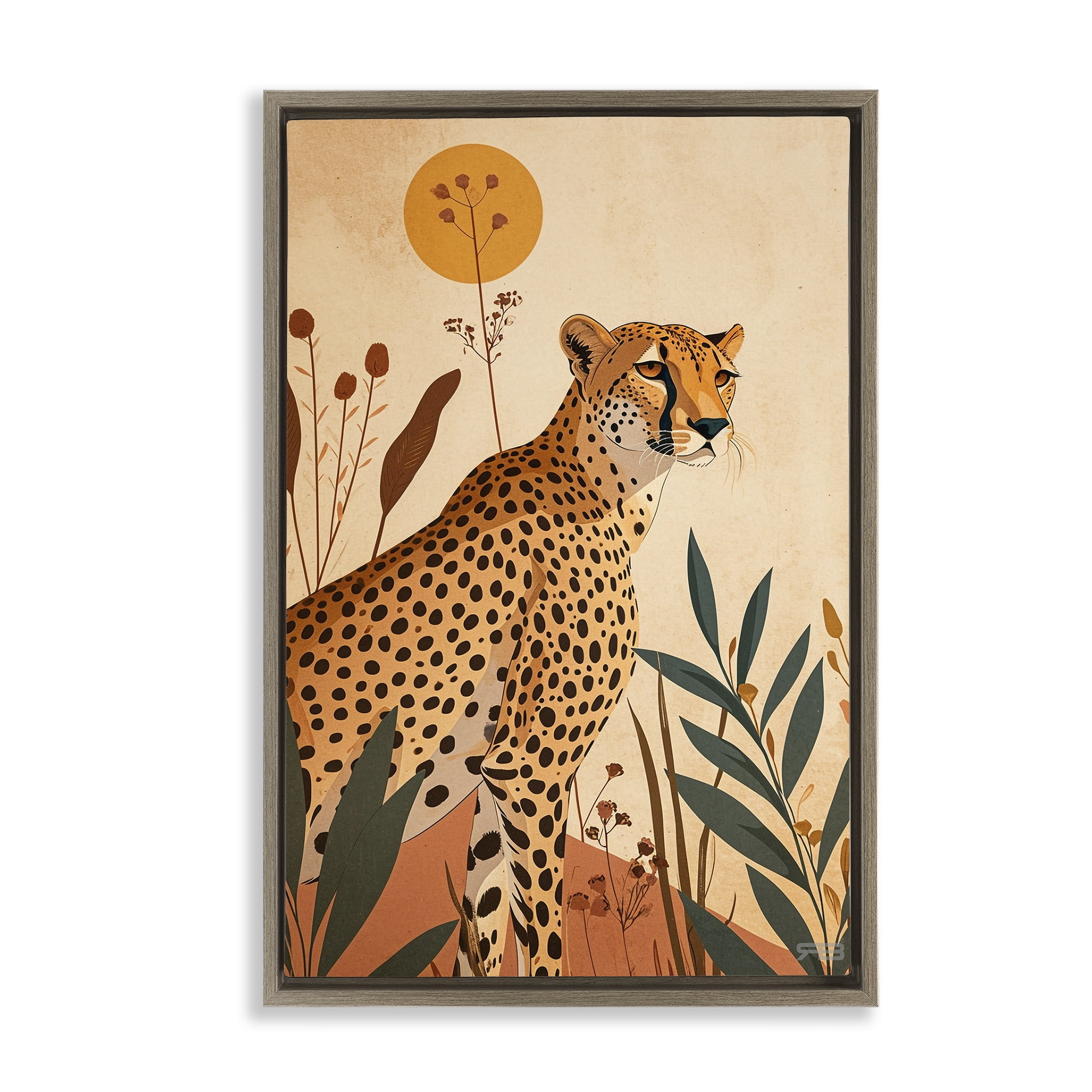 Stupell Industries Cheetah & Boho Plants Animals & Insects Painting Brown Floater Framed Canvas Art Print Wall Art, 17 x 25