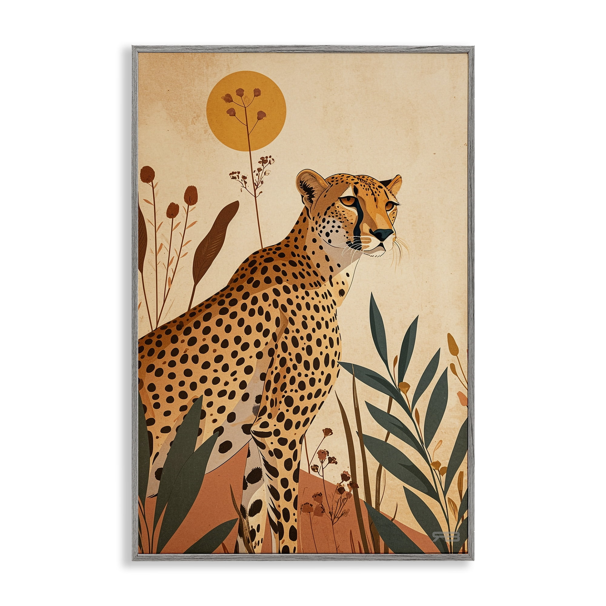 Stupell Industries Cheetah & Boho Plants Animals & Insects Painting Gray Framed Art Print Wall Art, 20 x 30