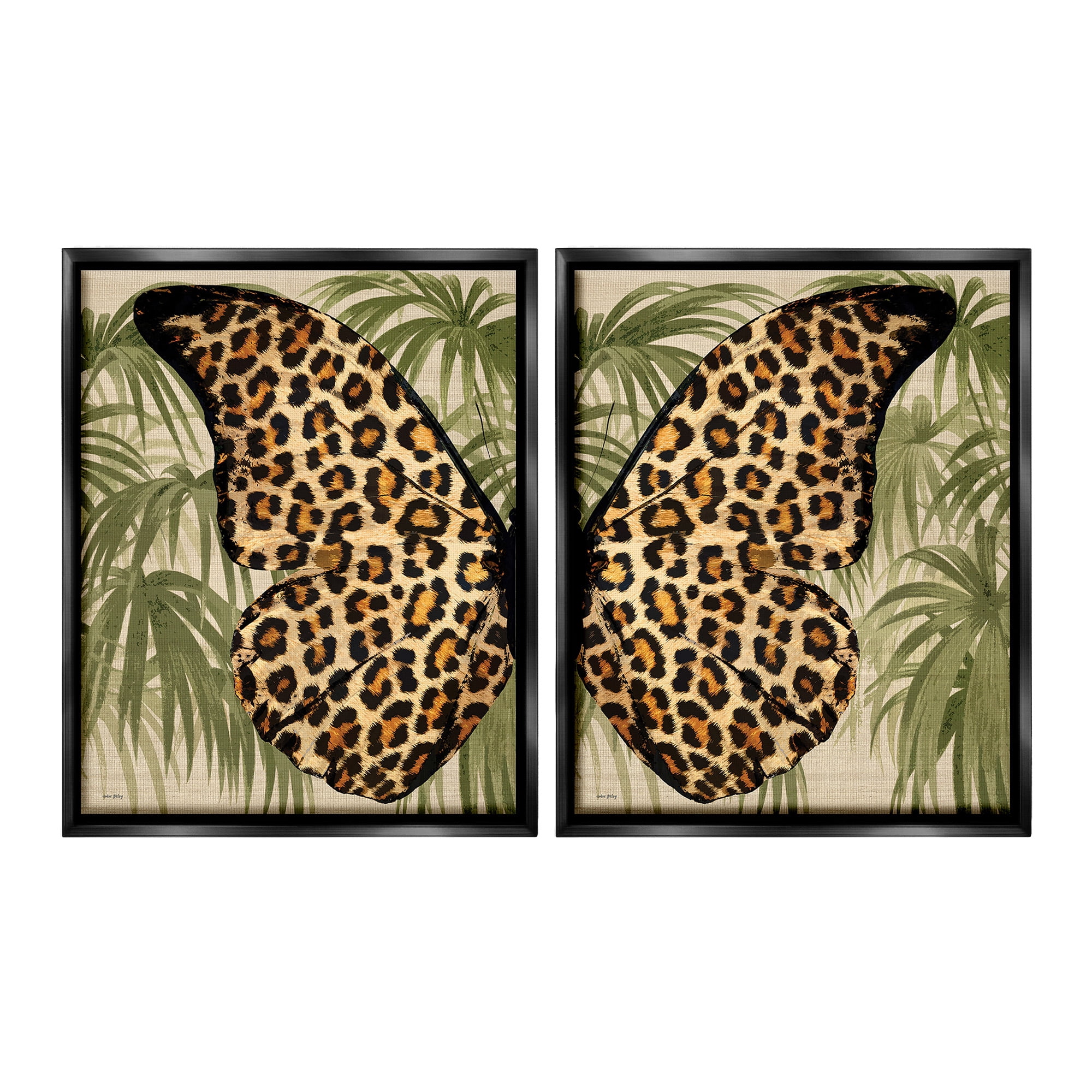 Stupell Industries Cheetah Butterfly Wings Animals & Insects Painting Black Floater Framed Canvas Art Print Wall Art, 17 x 21, Set of 2