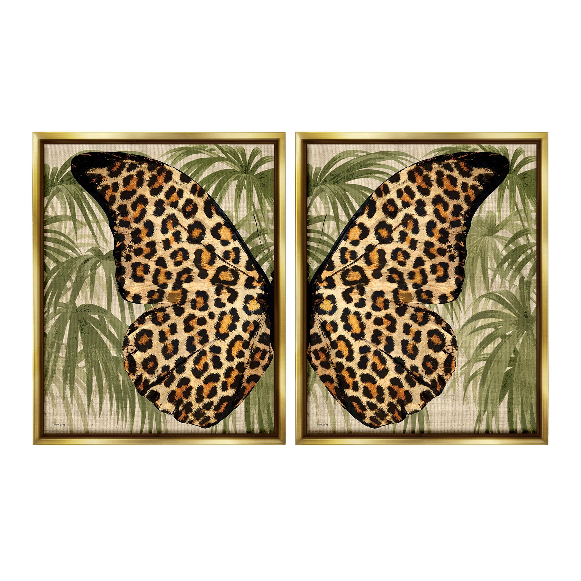 Stupell Industries Cheetah Butterfly Wings Animals & Insects Painting Gold Floater Framed Canvas Art Print Wall Art, 17 x 21, Set of 2