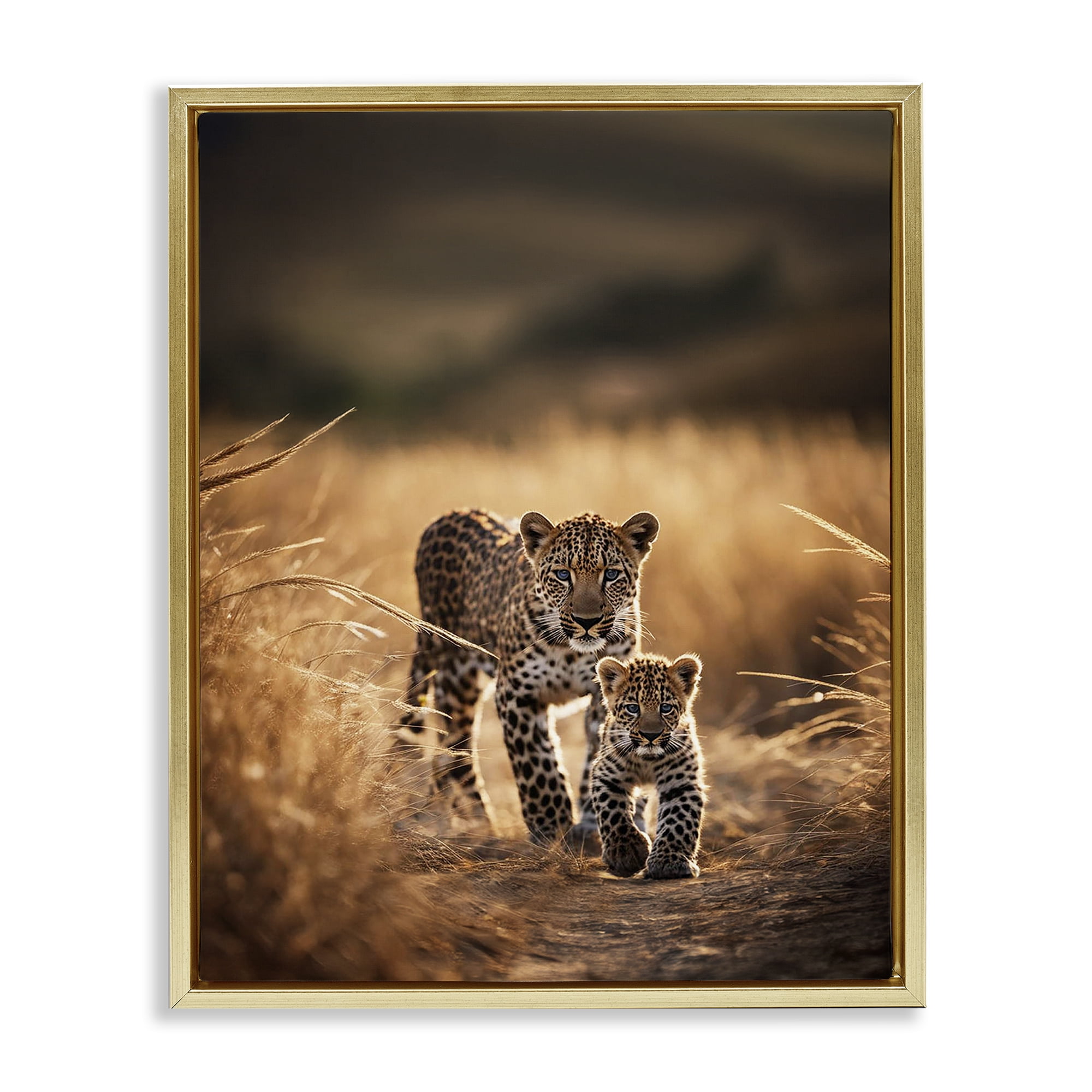 Stupell Industries Cheetah & Cub in Nature Animals Photography Gold Floater Framed Canvas Art Print Wall Art, 17 x 21