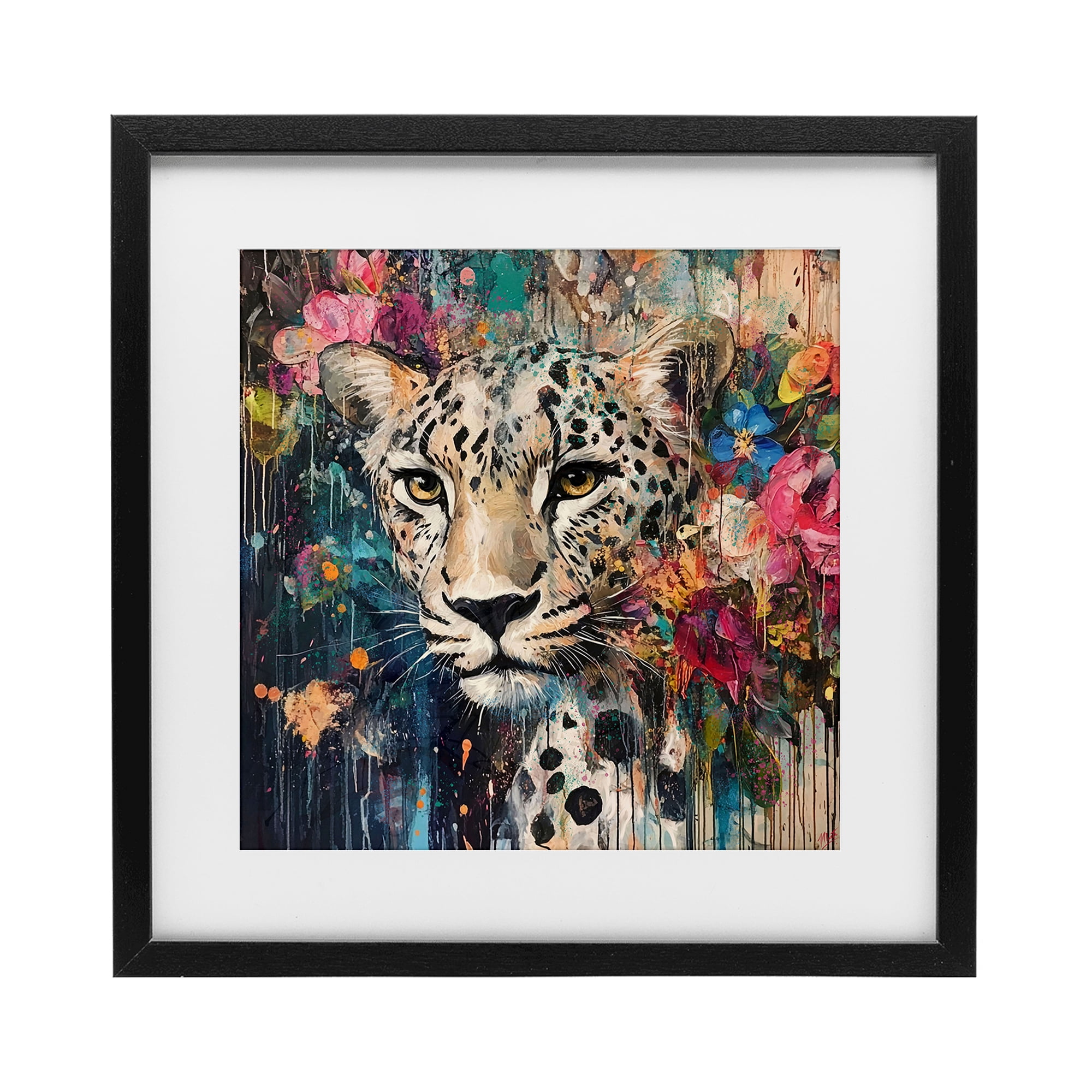 Stupell Industries Cheetah & Exotic Blooms Black Framed Print Under Glass, design by Marta Wiley