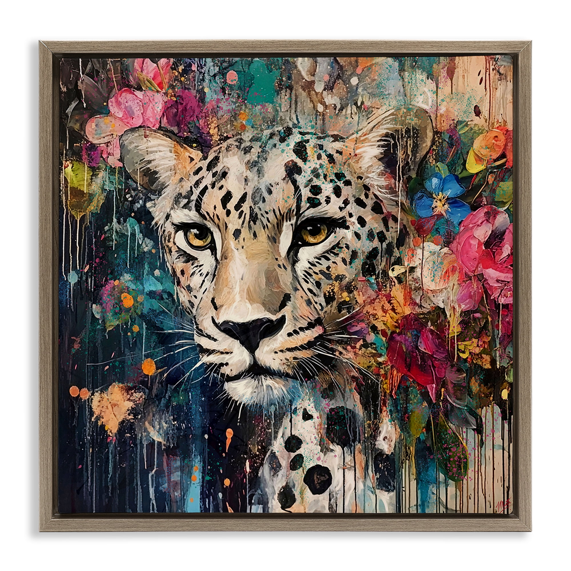 Stupell Industries Cheetah & Exotic Blooms Brown Framed Floater Canvas Wall Art, design by Marta Wiley