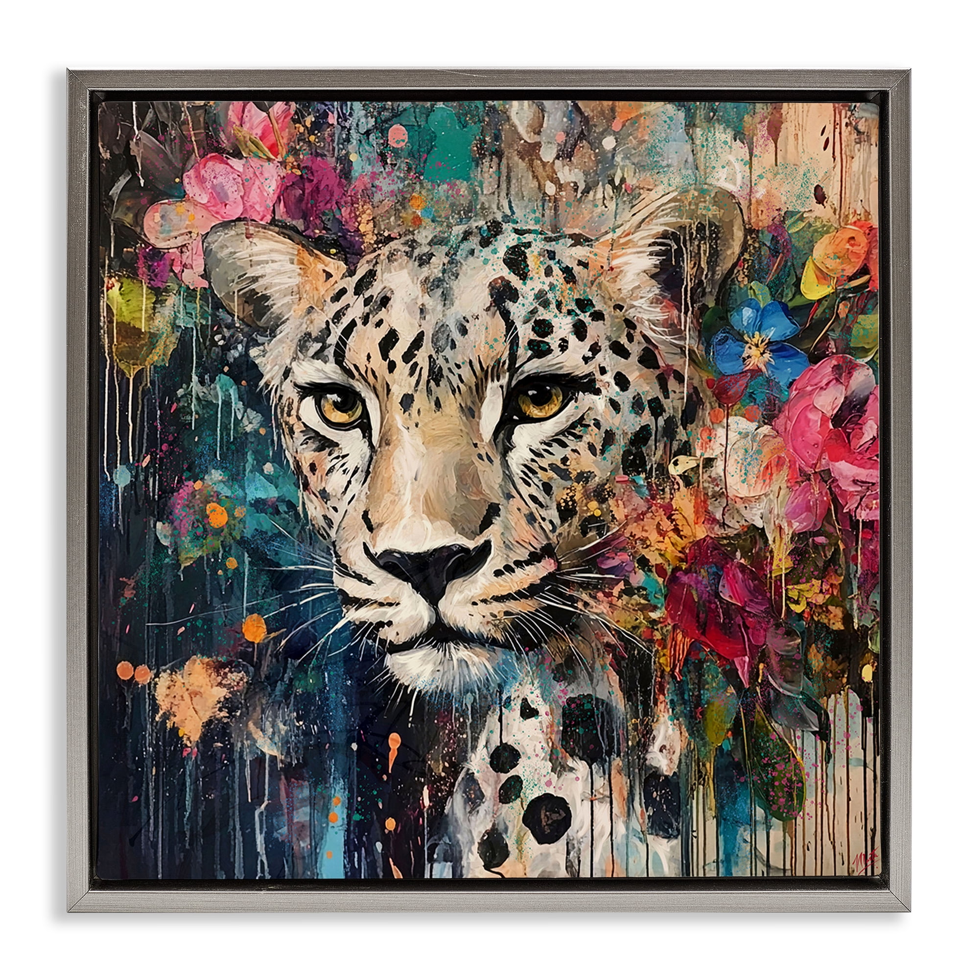 Stupell Industries Cheetah & Exotic Blooms Gray Framed Floater Canvas Wall Art, design by Marta Wiley