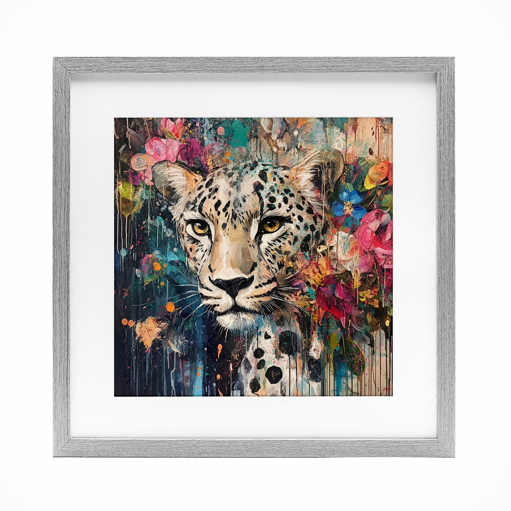 Stupell Industries Cheetah & Exotic Blooms Gray Framed Print Under Glass, design by Marta Wiley