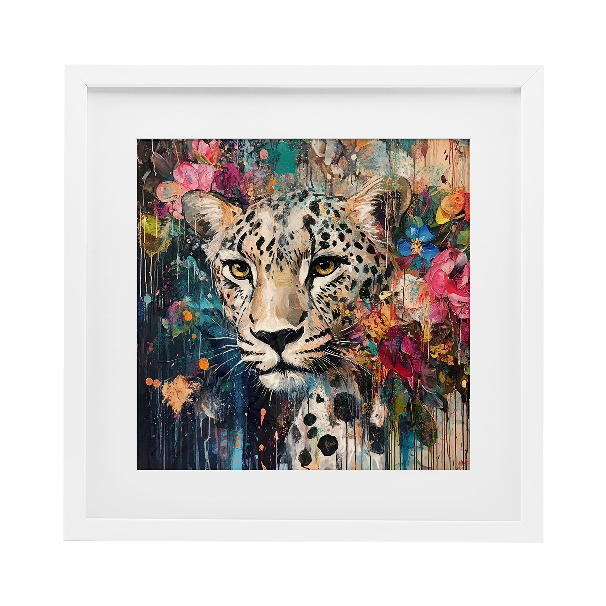 Stupell Industries Cheetah & Exotic Blooms White Framed Print Under Glass, design by Marta Wiley