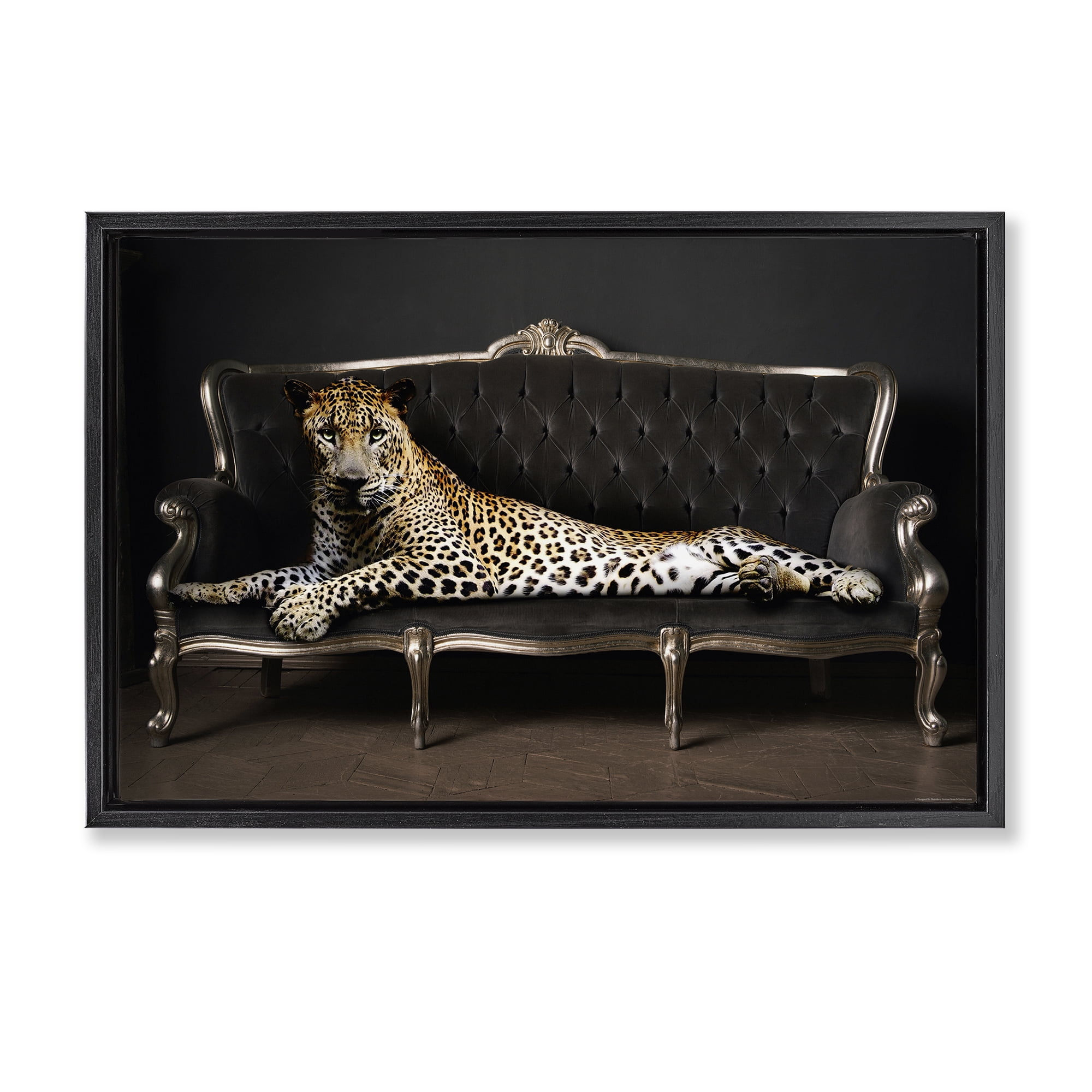 Stupell Industries Cheetah Sprawled on Couch Animals Painting Black Floater Framed Canvas Art Print Wall Art, 25 x 17