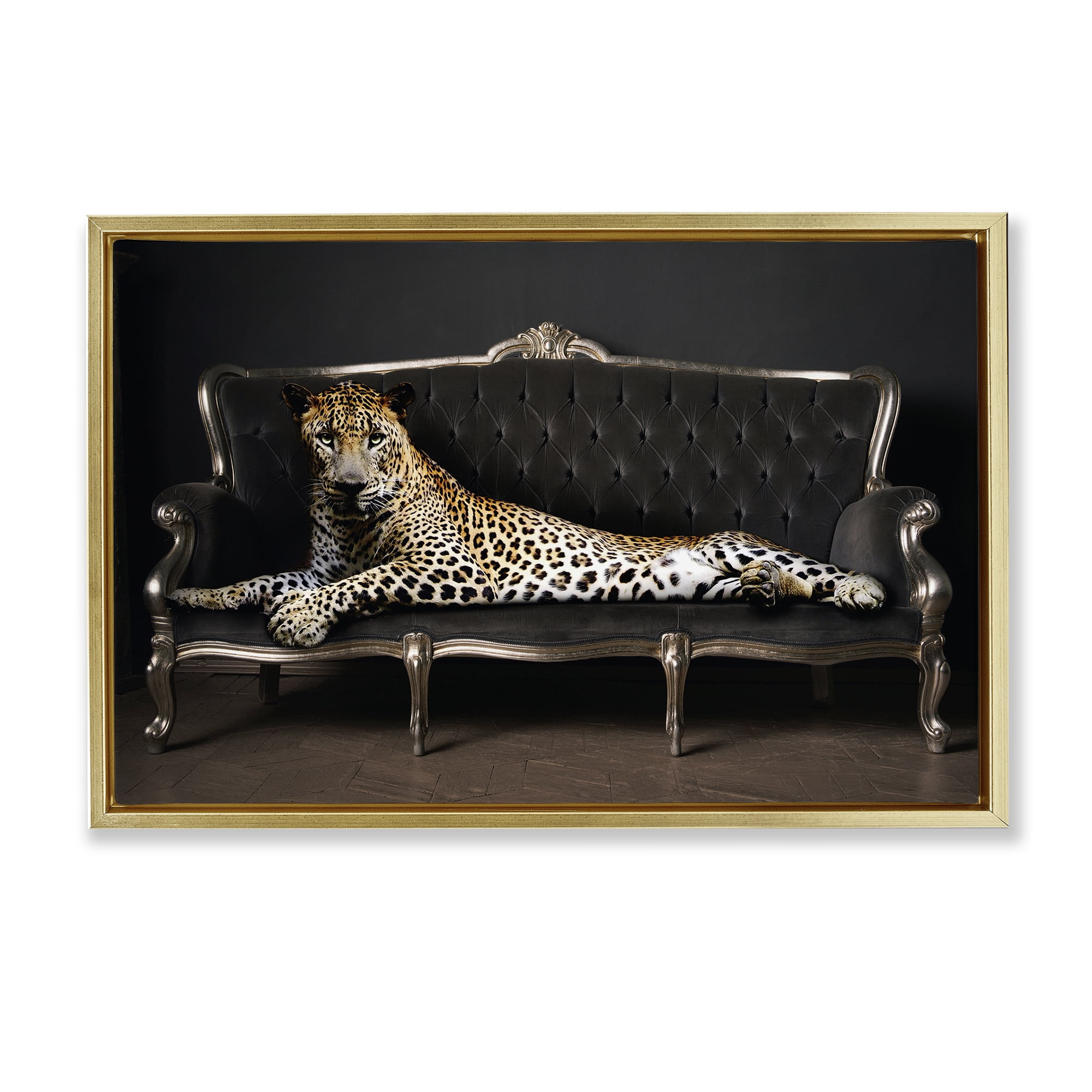 Stupell Industries Cheetah Sprawled on Couch Animals Painting Gold Floater Framed Canvas Art Print Wall Art, 25 x 17