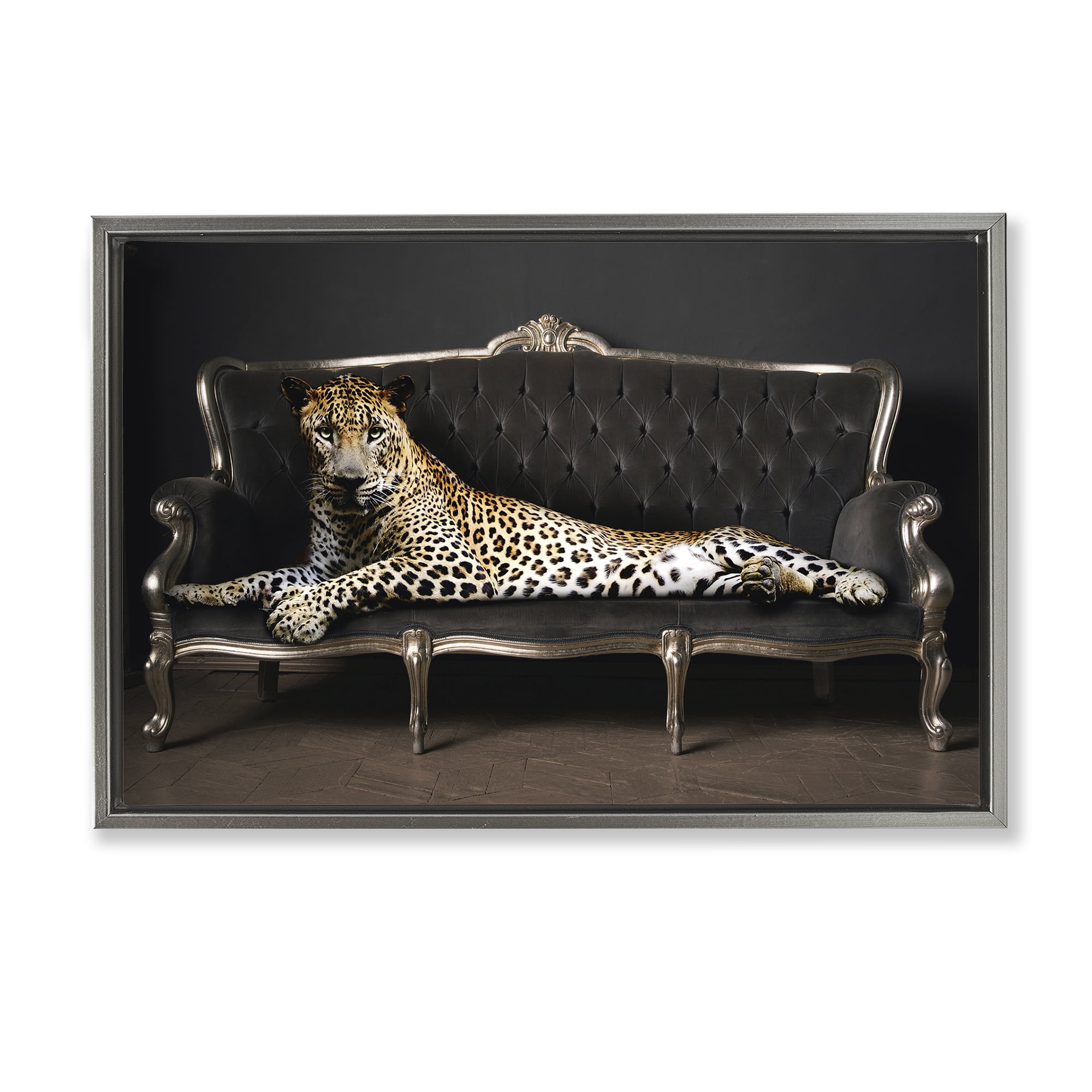 Stupell Industries Cheetah Sprawled on Couch Animals Painting Gray Floater Framed Canvas Art Print Wall Art, 31 x 21