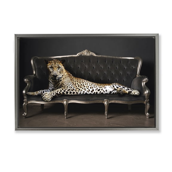 Stupell Industries Cheetah Sprawled on Couch Animals Painting Gray Floater Framed Canvas Art Print Wall Art, 31 x 21