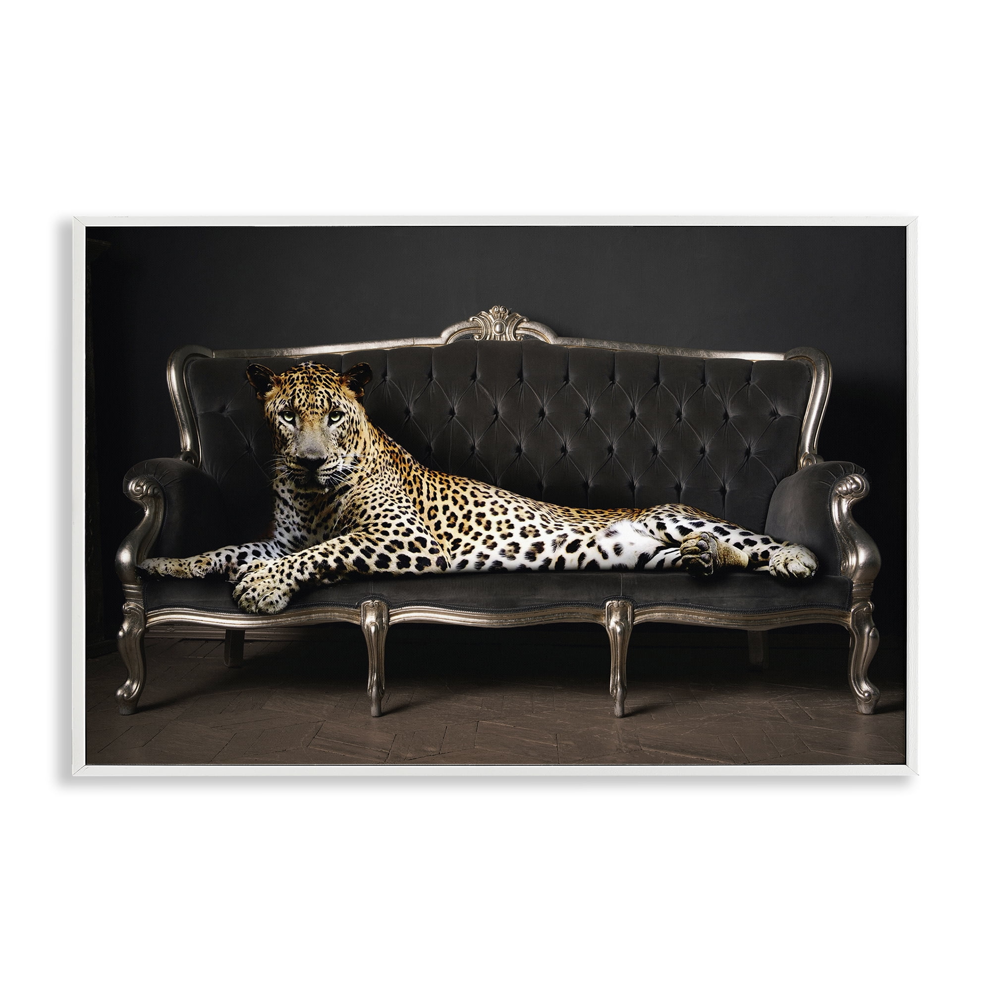 Stupell Industries Cheetah Sprawled on Couch Animals Painting White Framed Art Print Wall Art, 24 x 16