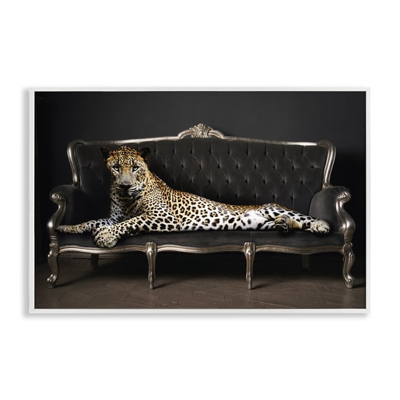 Stupell Industries Cheetah Sprawled on Couch Animals Painting White Framed Art Print Wall Art, 24 x 16