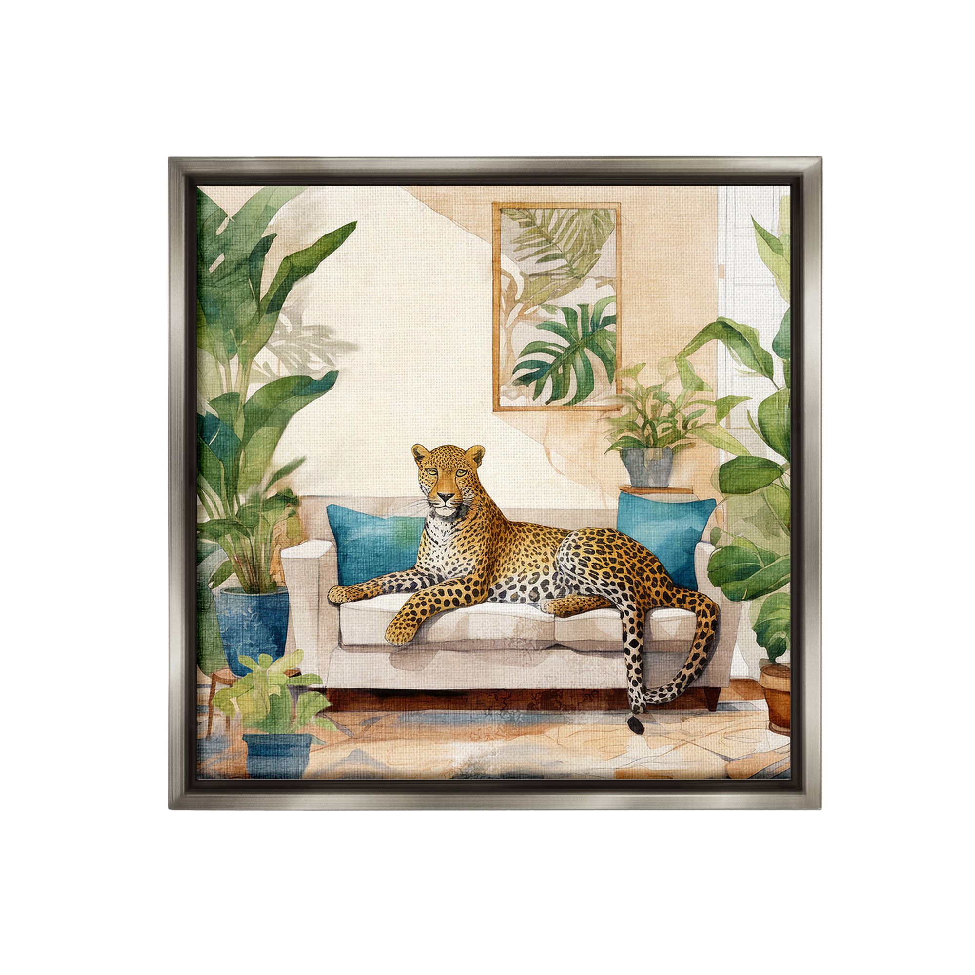 Stupell Industries Cheetah & Tropical Indoors Animals & Insects Painting Gray Floater Framed Canvas Art Print Wall Art, 25 x 25