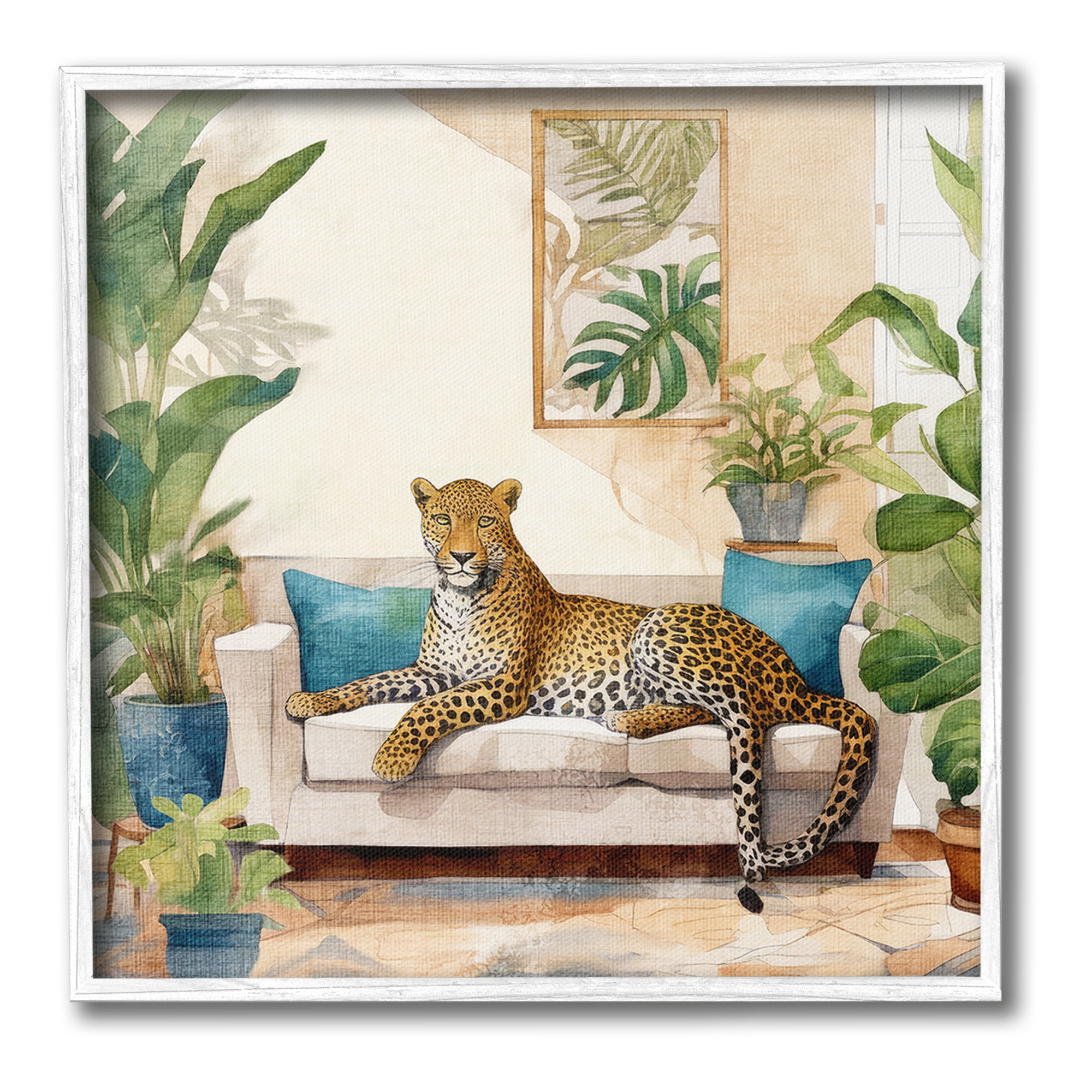 Stupell Industries Cheetah & Tropical Indoors Animals & Insects Painting White Framed Art Print Wall Art, 17 x 17