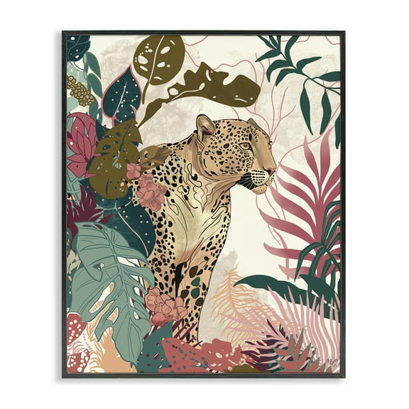 Stupell Industries Cheetah Tropical Leaf Pattern Animals & Insects Painting Black Framed Art Print Wall Art, 11 x 14