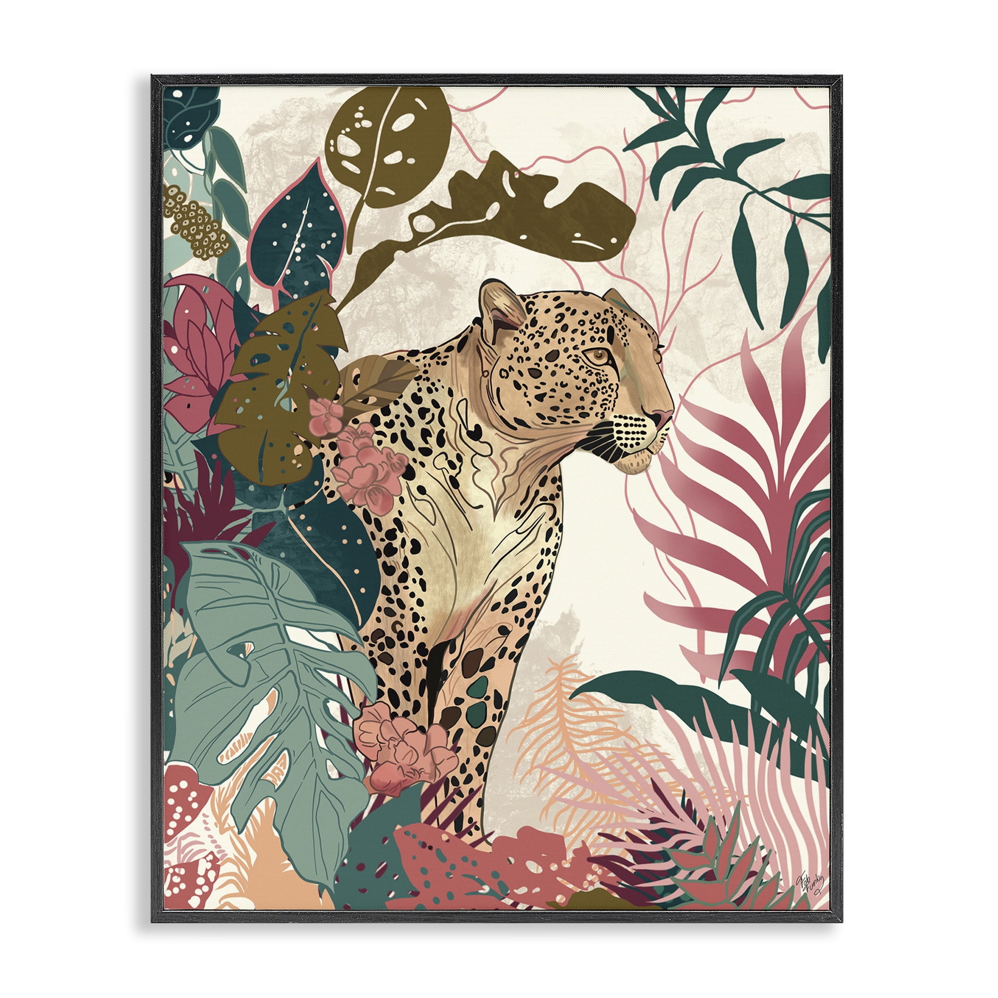 Stupell Industries Cheetah Tropical Leaf Pattern Animals & Insects Painting Black Framed Art Print Wall Art, 24 x 30