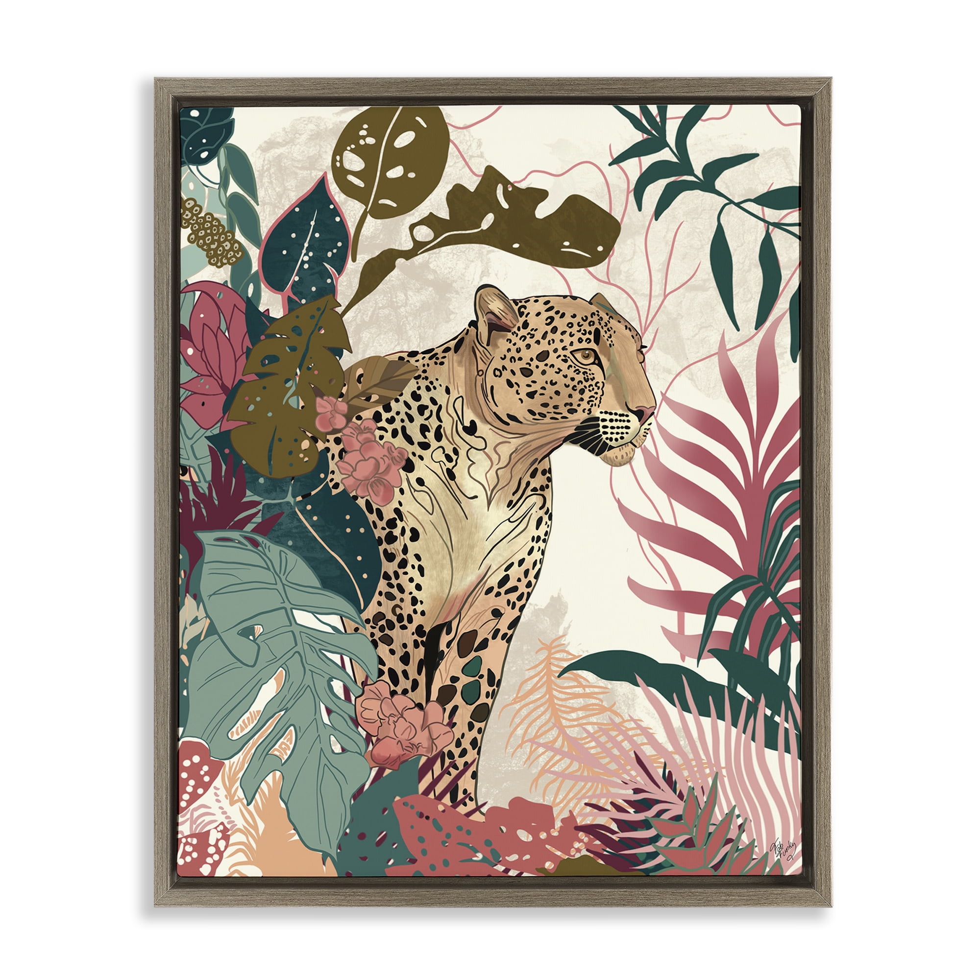 Stupell Industries Cheetah Tropical Leaf Pattern Animals & Insects Painting Brown Floater Framed Canvas Art Print Wall Art, 25 x 31