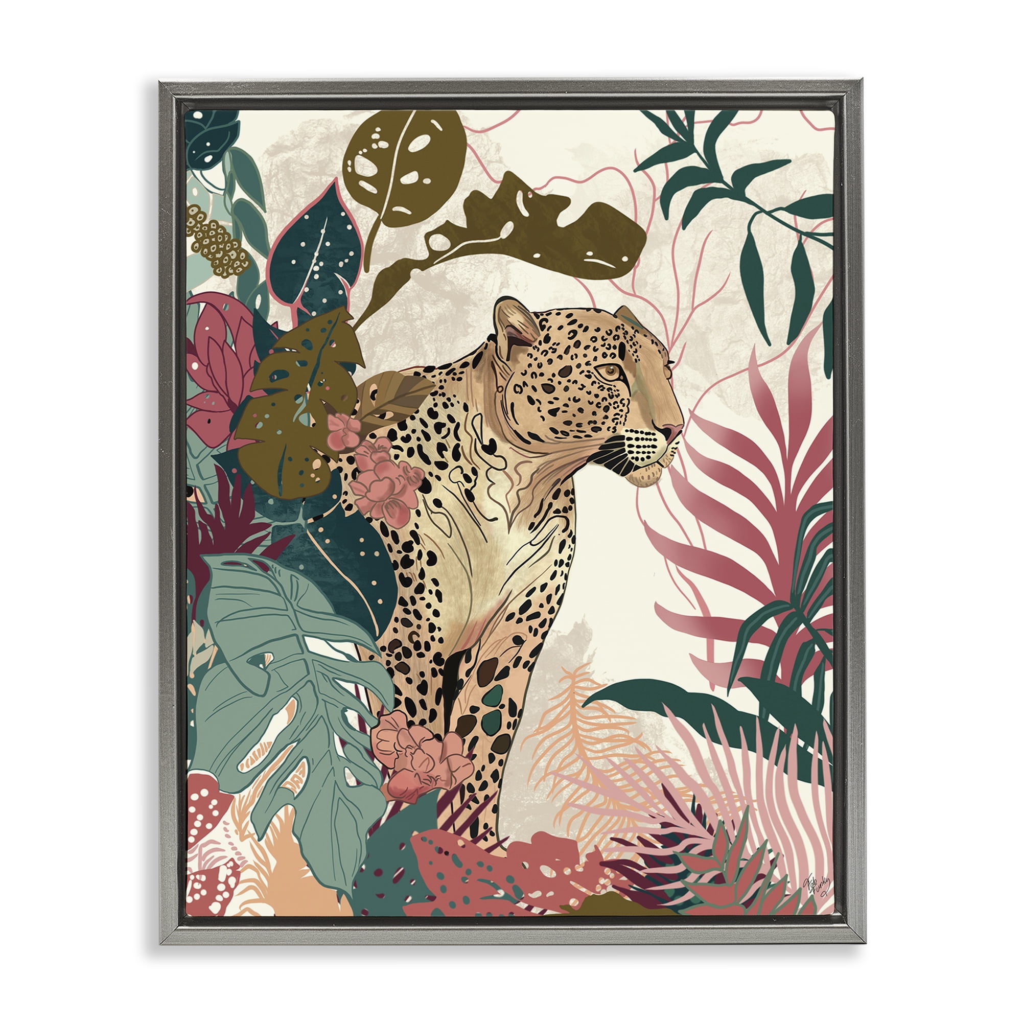 Stupell Industries Cheetah Tropical Leaf Pattern Animals & Insects Painting Gray Floater Framed Canvas Art Print Wall Art, 17 x 21