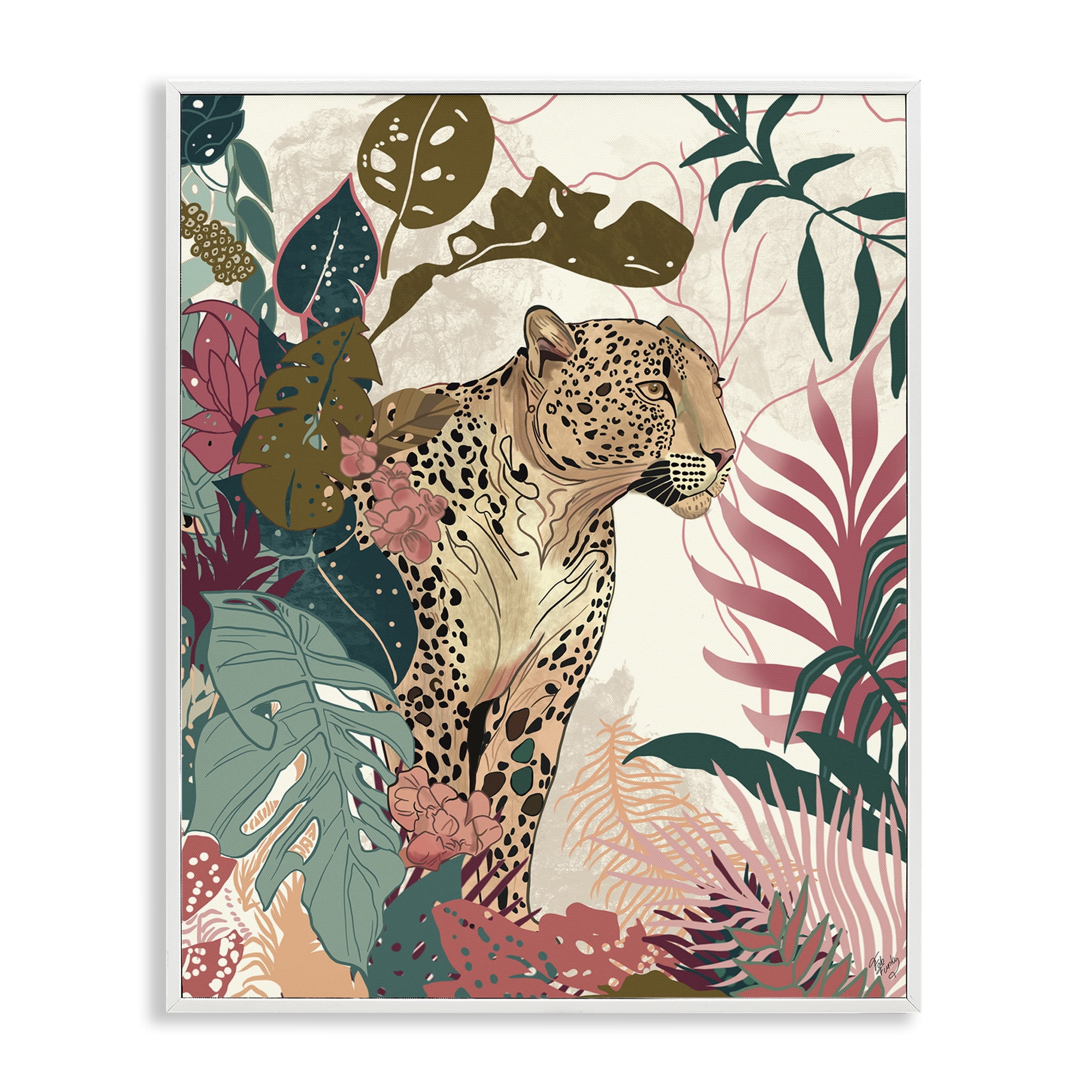 Stupell Industries Cheetah Tropical Leaf Pattern Animals & Insects Painting White Framed Art Print Wall Art, 11 x 14
