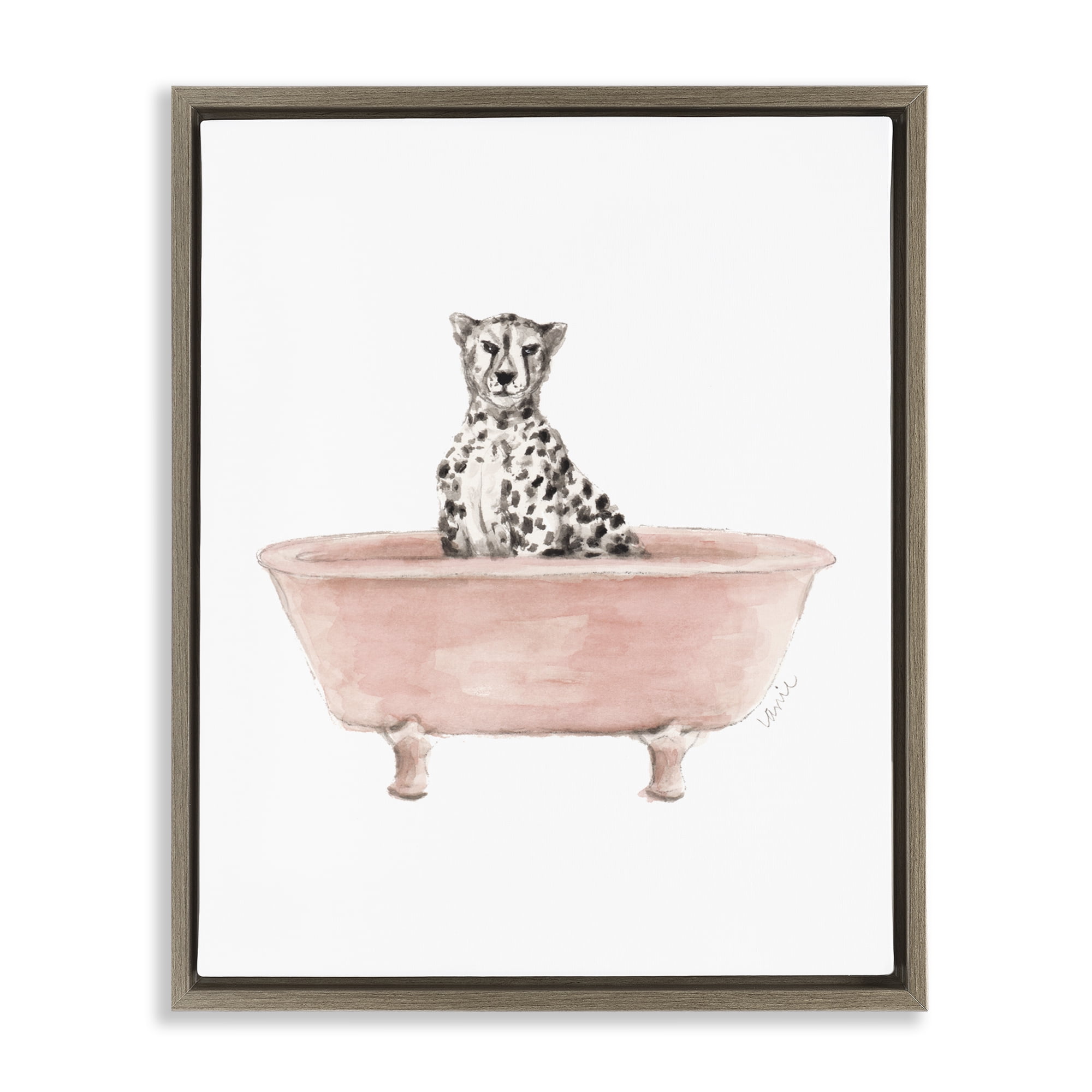 Stupell Industries Cheetah in Pink Tub Brown Framed Floater Canvas Wall Art, design by Lanie Loreth