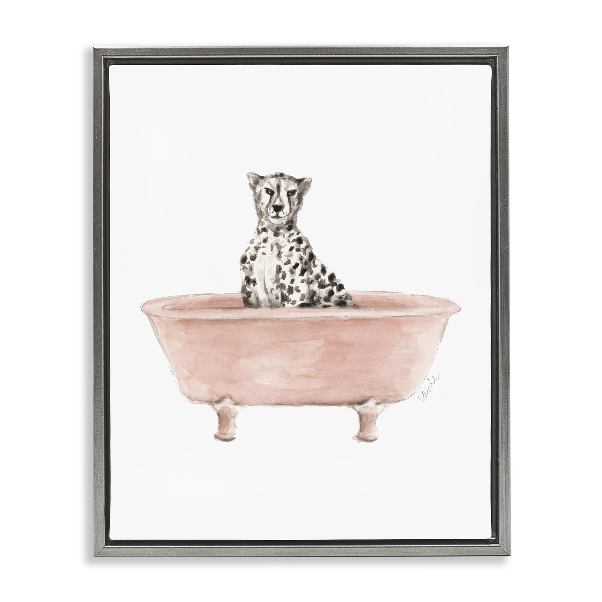 Stupell Industries Cheetah in Pink Tub Gray Framed Floater Canvas Wall Art, design by Lanie Loreth