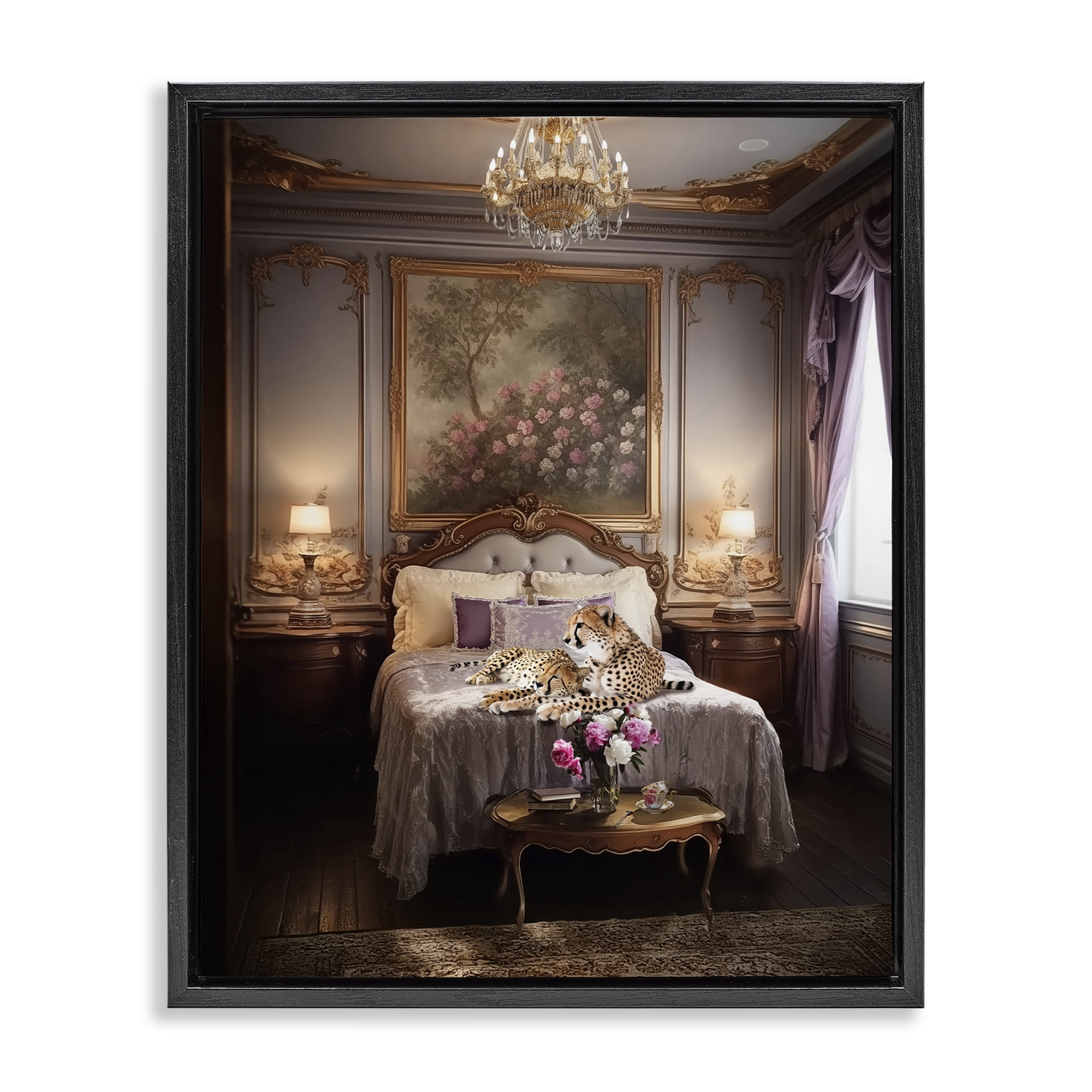 Stupell Industries Cheetah on Regal Bed Animals Painting Black Floater Framed Canvas Art Print Wall Art, 17 x 21