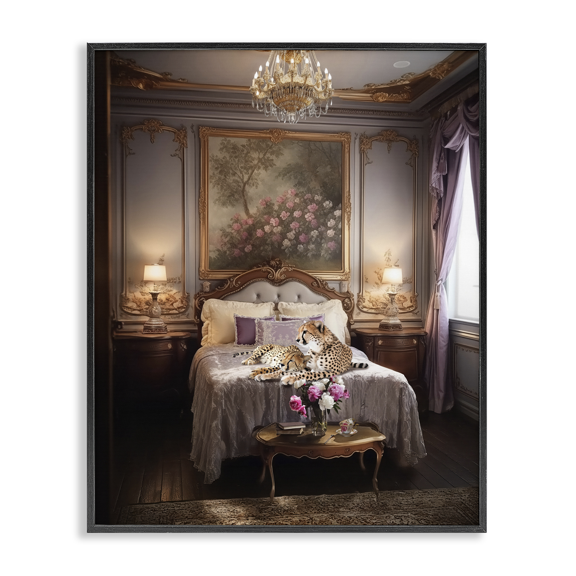 Stupell Industries Cheetah on Regal Bed Animals Painting Black Framed Art Print Wall Art, 16 x 20