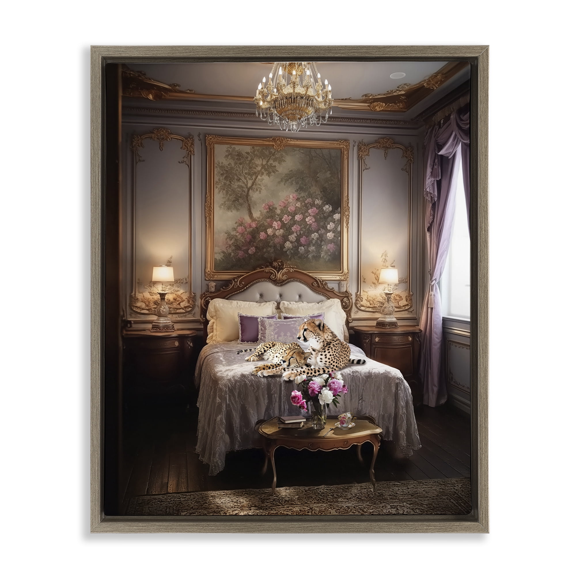 Stupell Industries Cheetah on Regal Bed Animals Painting Brown Floater Framed Canvas Art Print Wall Art, 17 x 21
