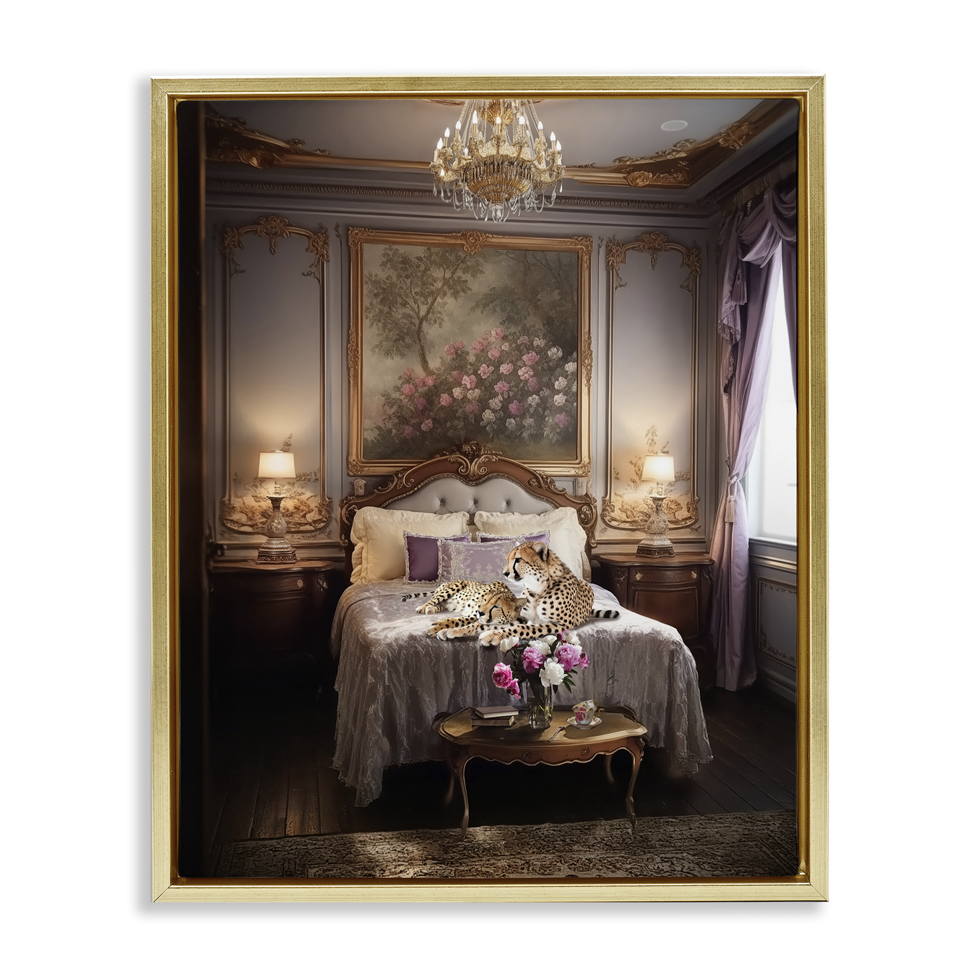 Stupell Industries Cheetah on Regal Bed Animals Painting Gold Floater Framed Canvas Art Print Wall Art, 17 x 21