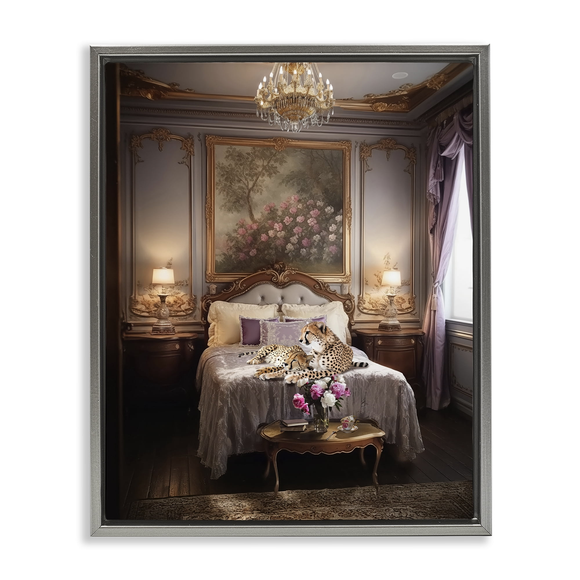 Stupell Industries Cheetah on Regal Bed Animals Painting Gray Floater Framed Canvas Art Print Wall Art, 25 x 31