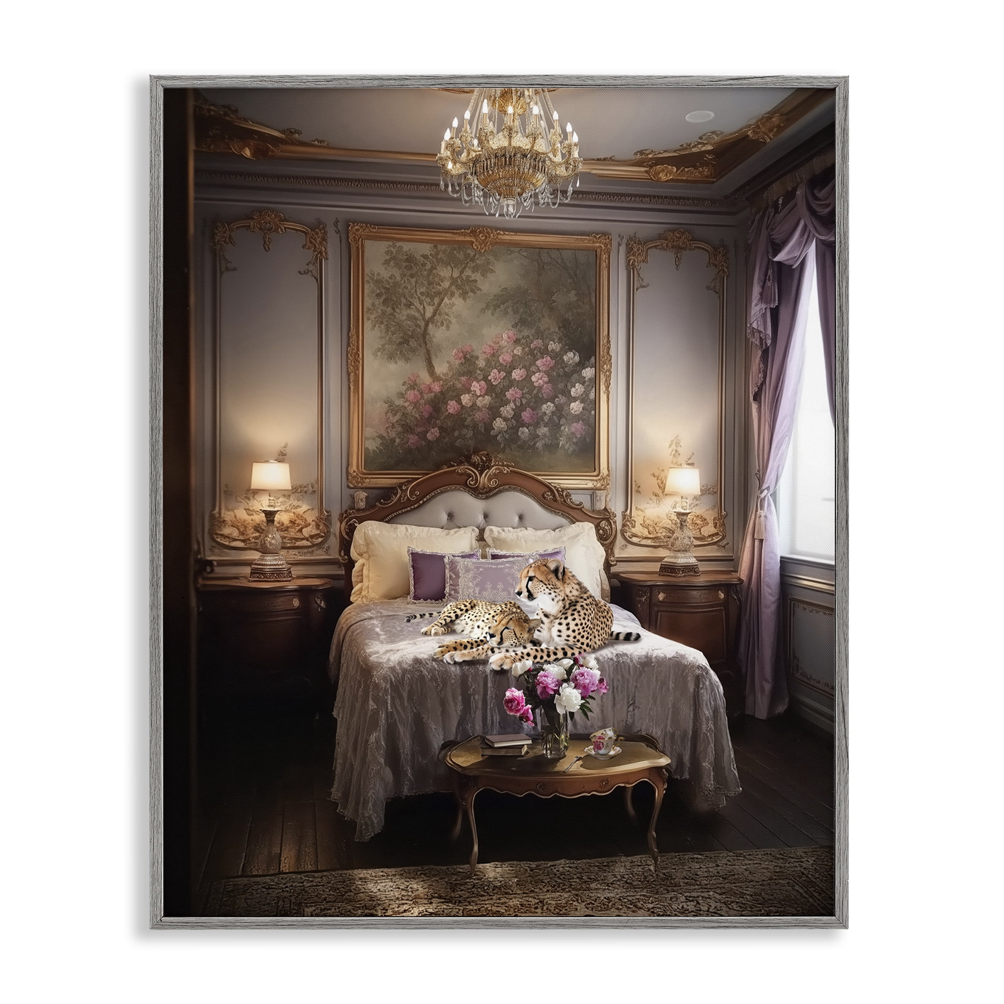 Stupell Industries Cheetah on Regal Bed Animals Painting Gray Framed Art Print Wall Art, 11 x 14