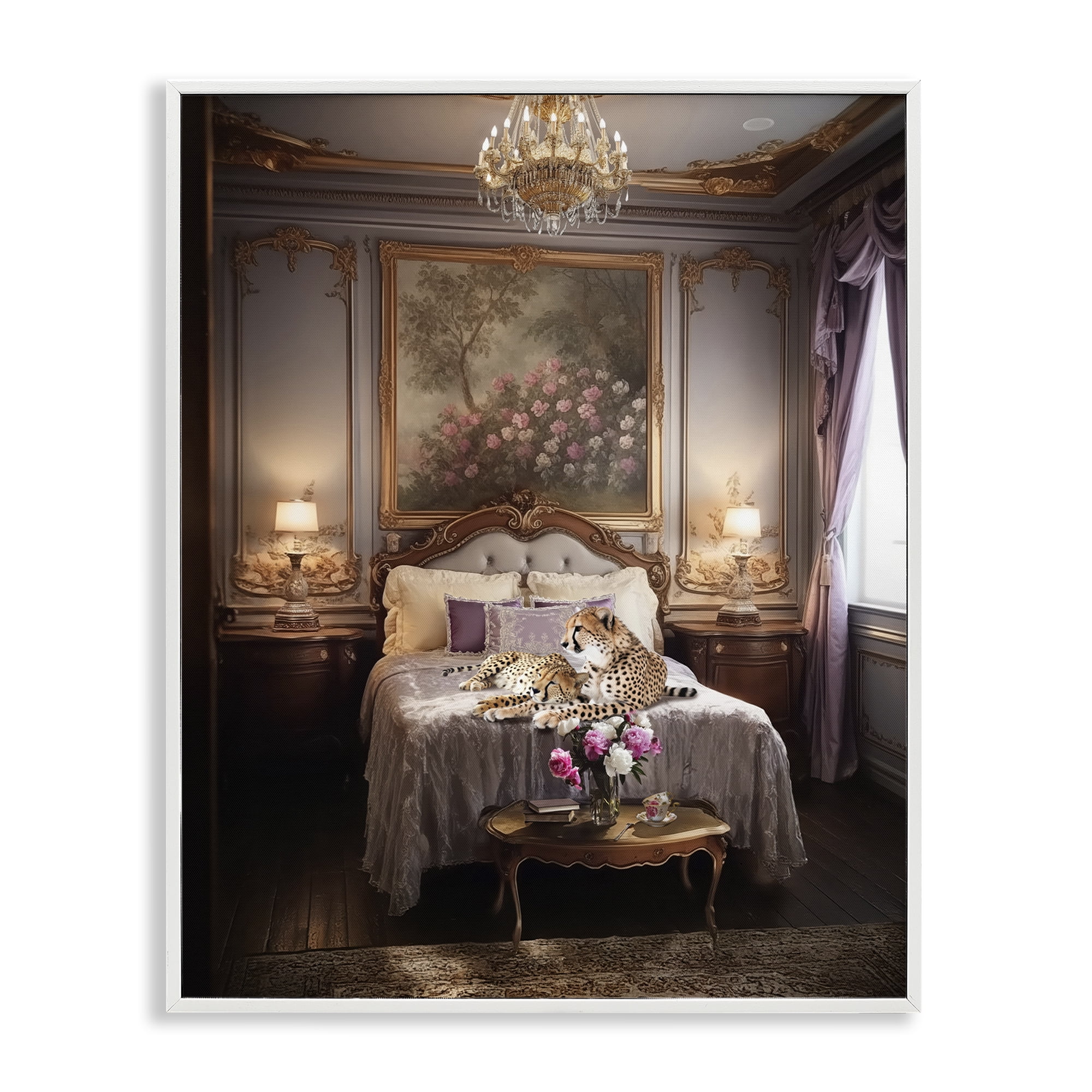 Stupell Industries Cheetah on Regal Bed Animals Painting White Framed Art Print Wall Art, 24 x 30