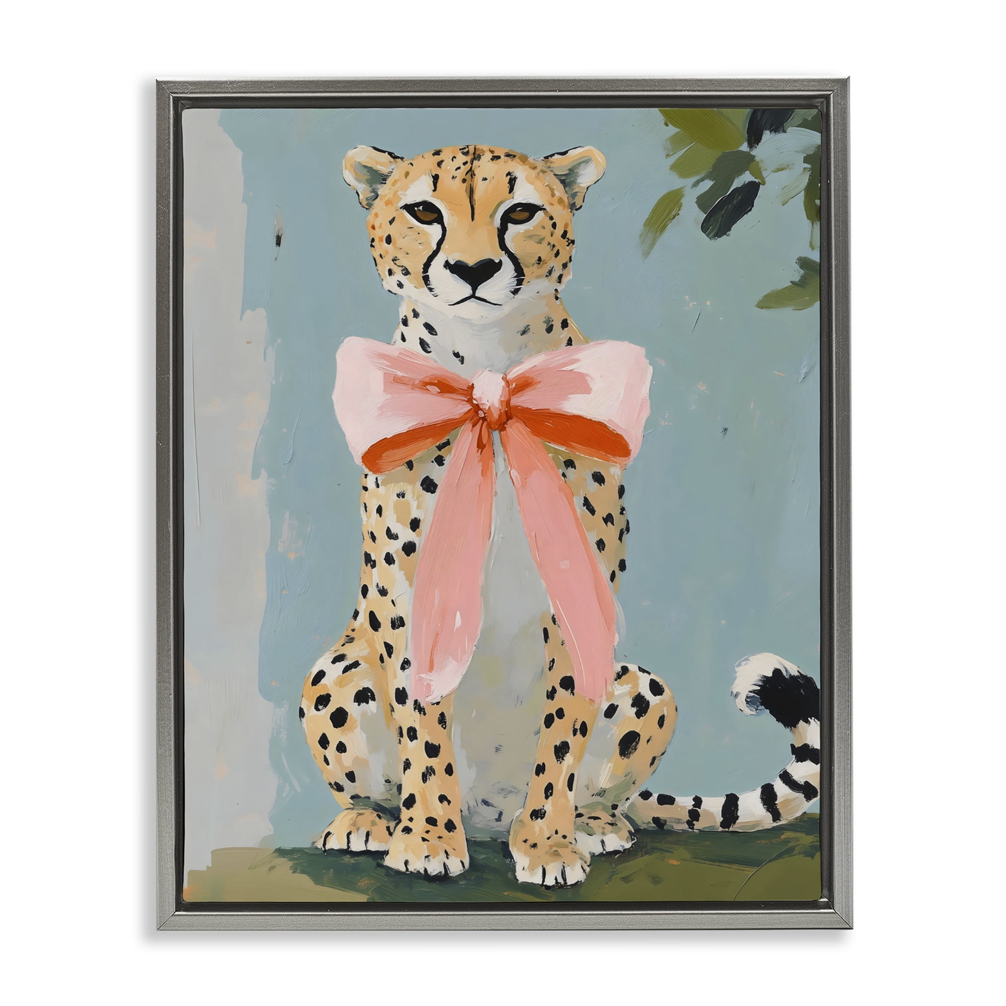 Stupell Industries Cheetah with Big Pink Bow Gray Framed Floater Canvas Wall Art, design by The Prints Vibe
