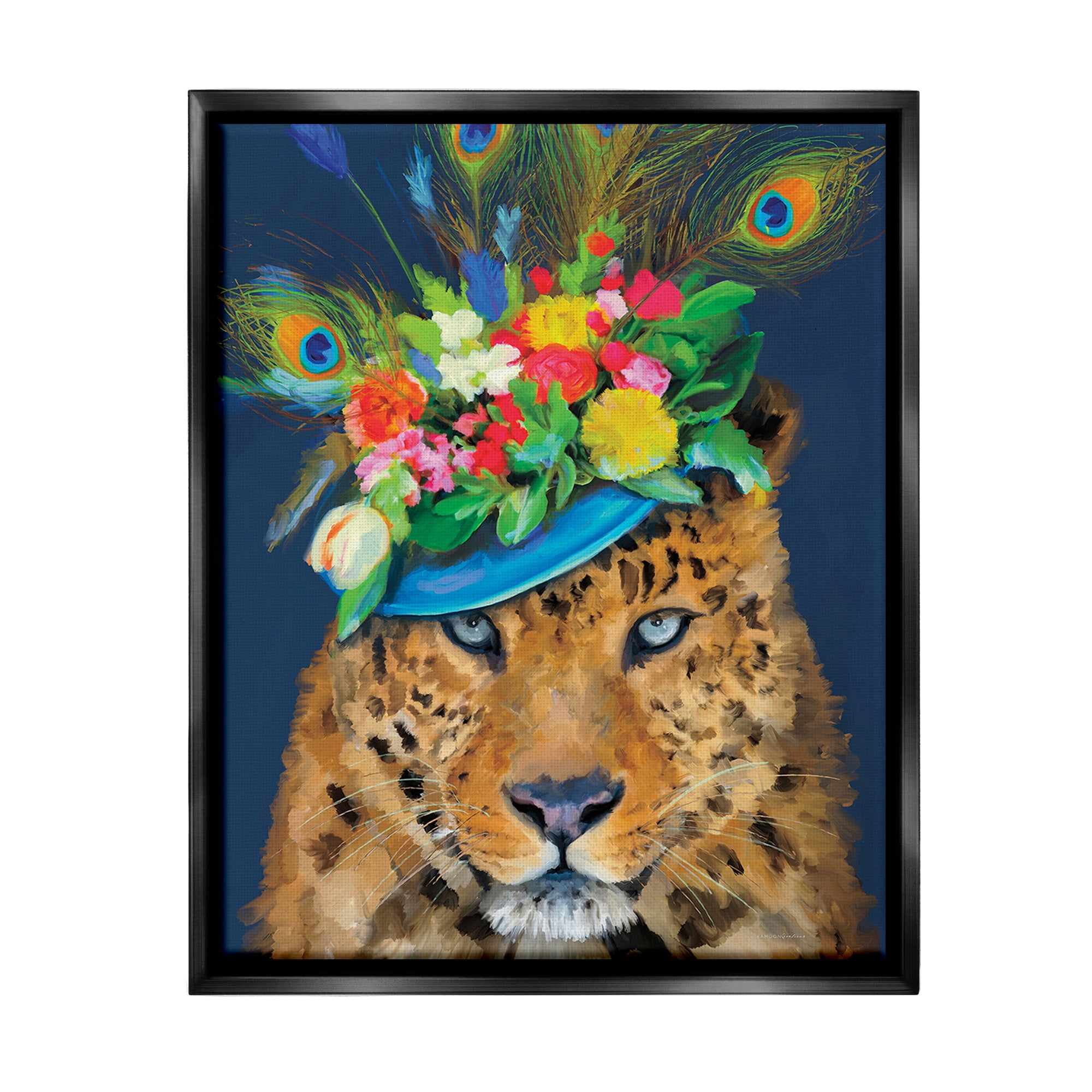 Stupell Industries Cheetah with Feather Hat Animals & Insects Painting Black Floater Framed Canvas Art Print Wall Art, 25 x 31