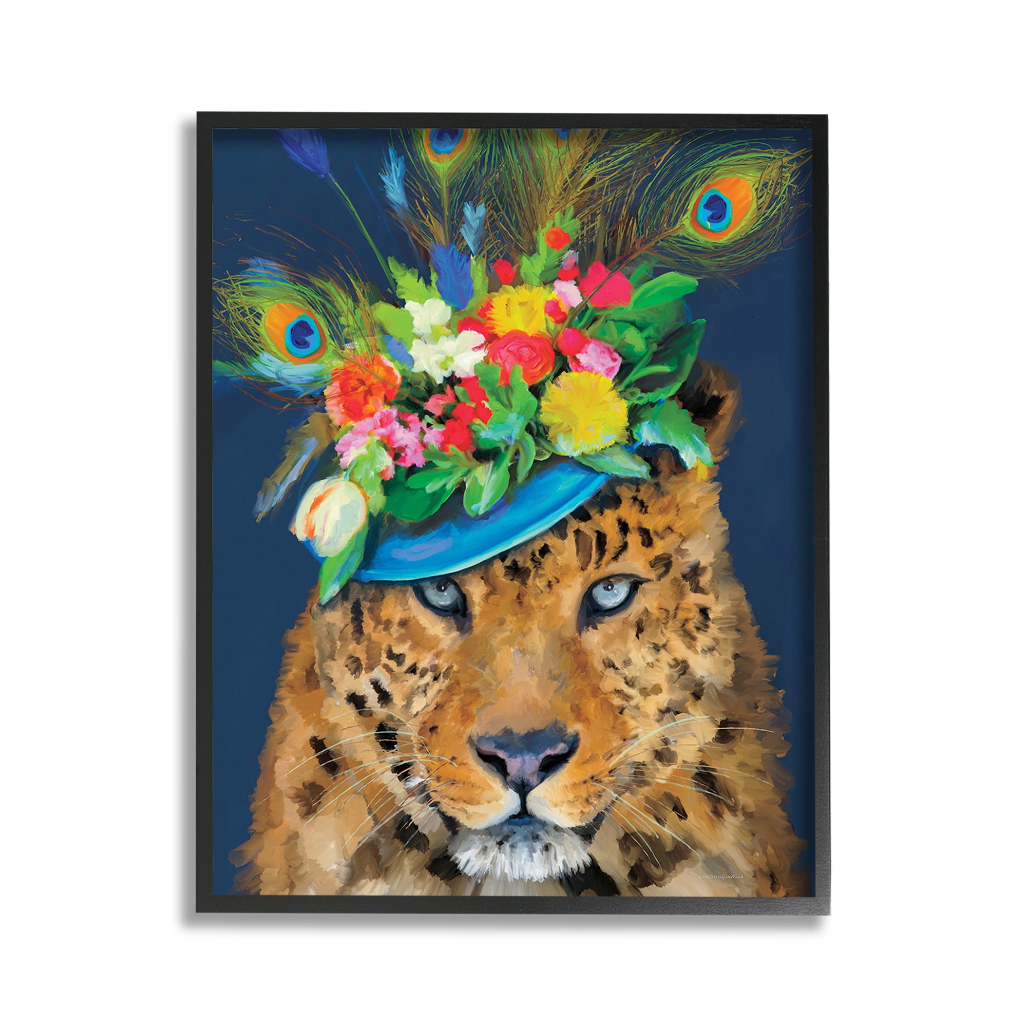 Stupell Industries Cheetah with Feather Hat Animals & Insects Painting Black Framed Art Print Wall Art, 11 x 14