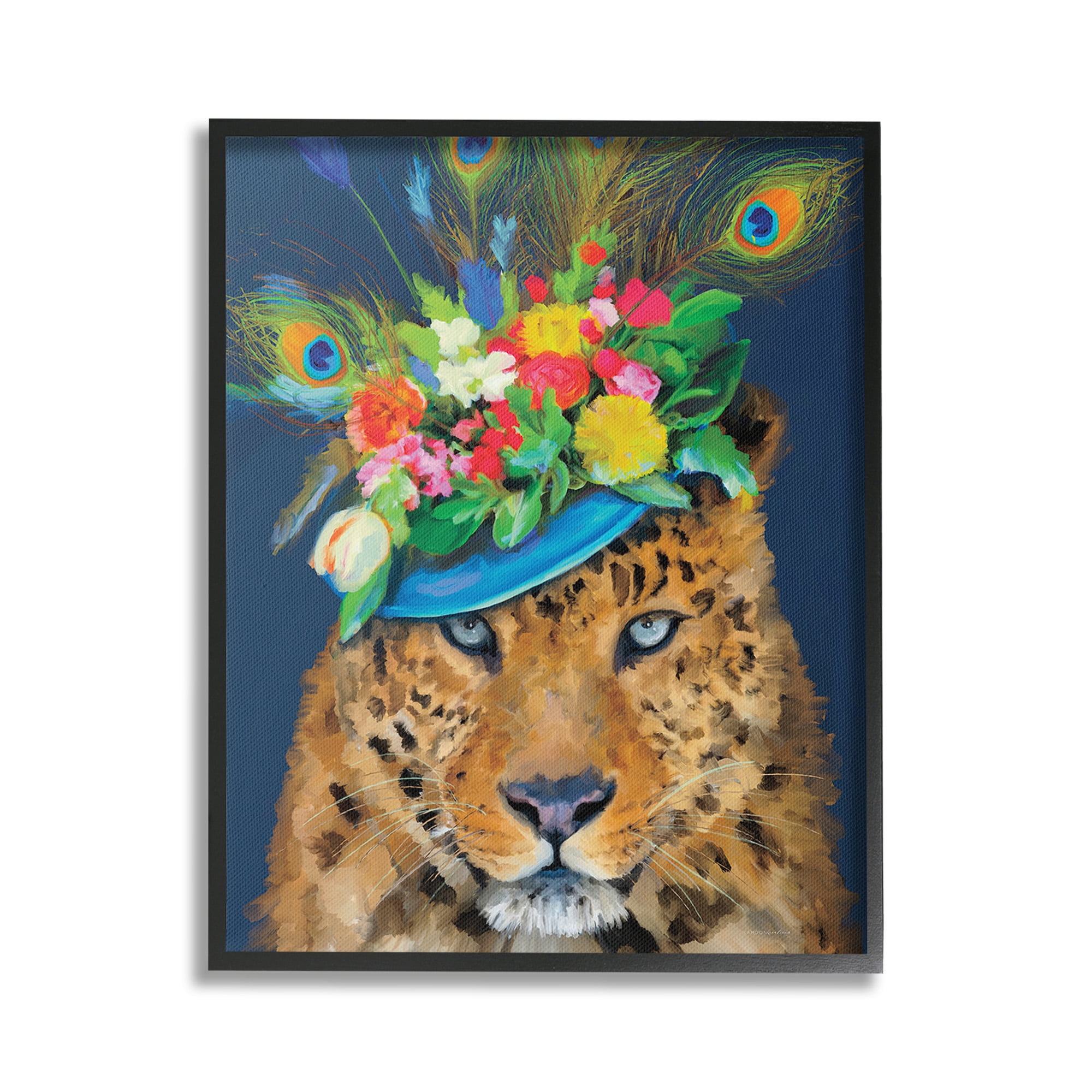 Stupell Industries Cheetah with Feather Hat Animals & Insects Painting Black Framed Art Print Wall Art, 24 x 30