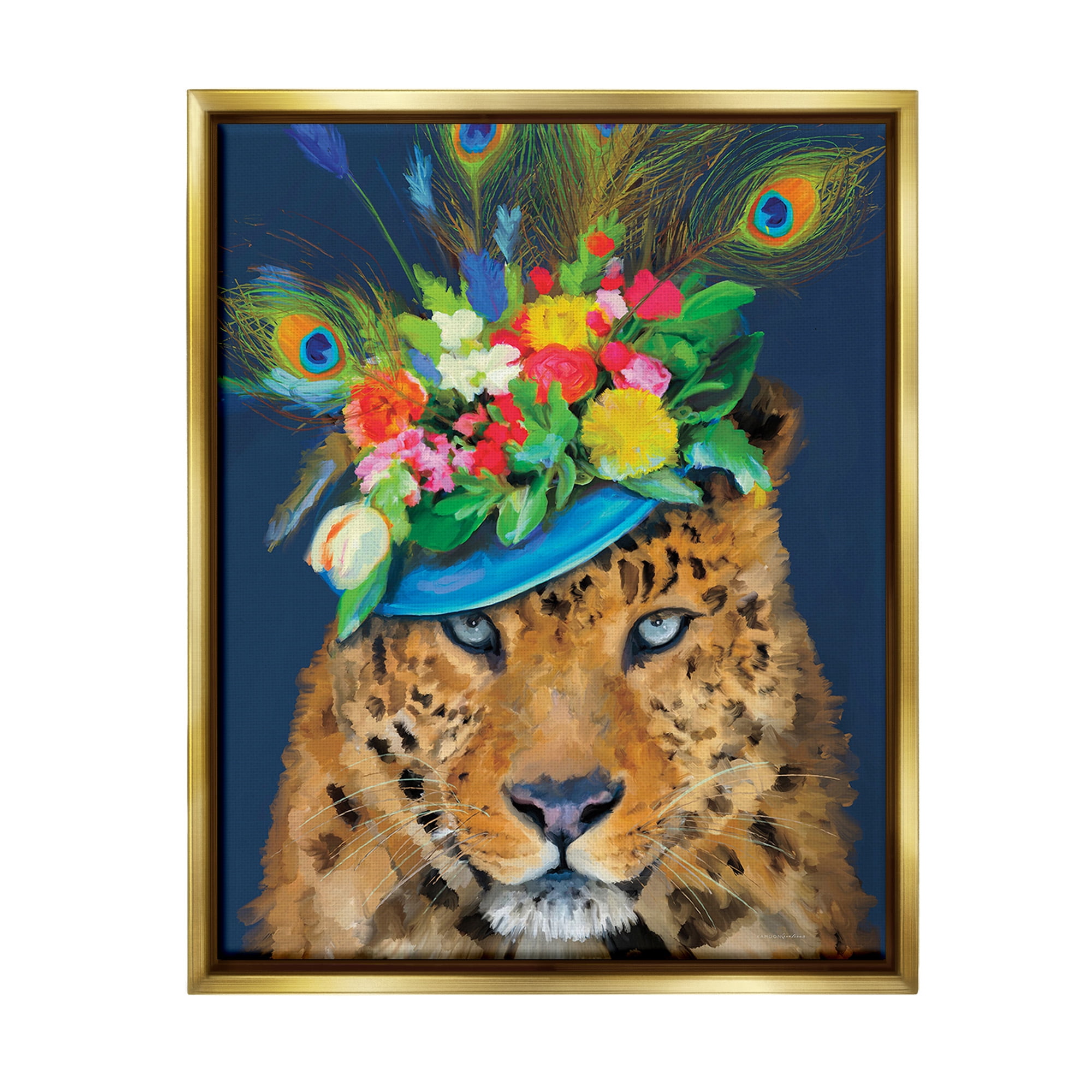 Stupell Industries Cheetah with Feather Hat Animals & Insects Painting Gold Floater Framed Canvas Art Print Wall Art, 25 x 31