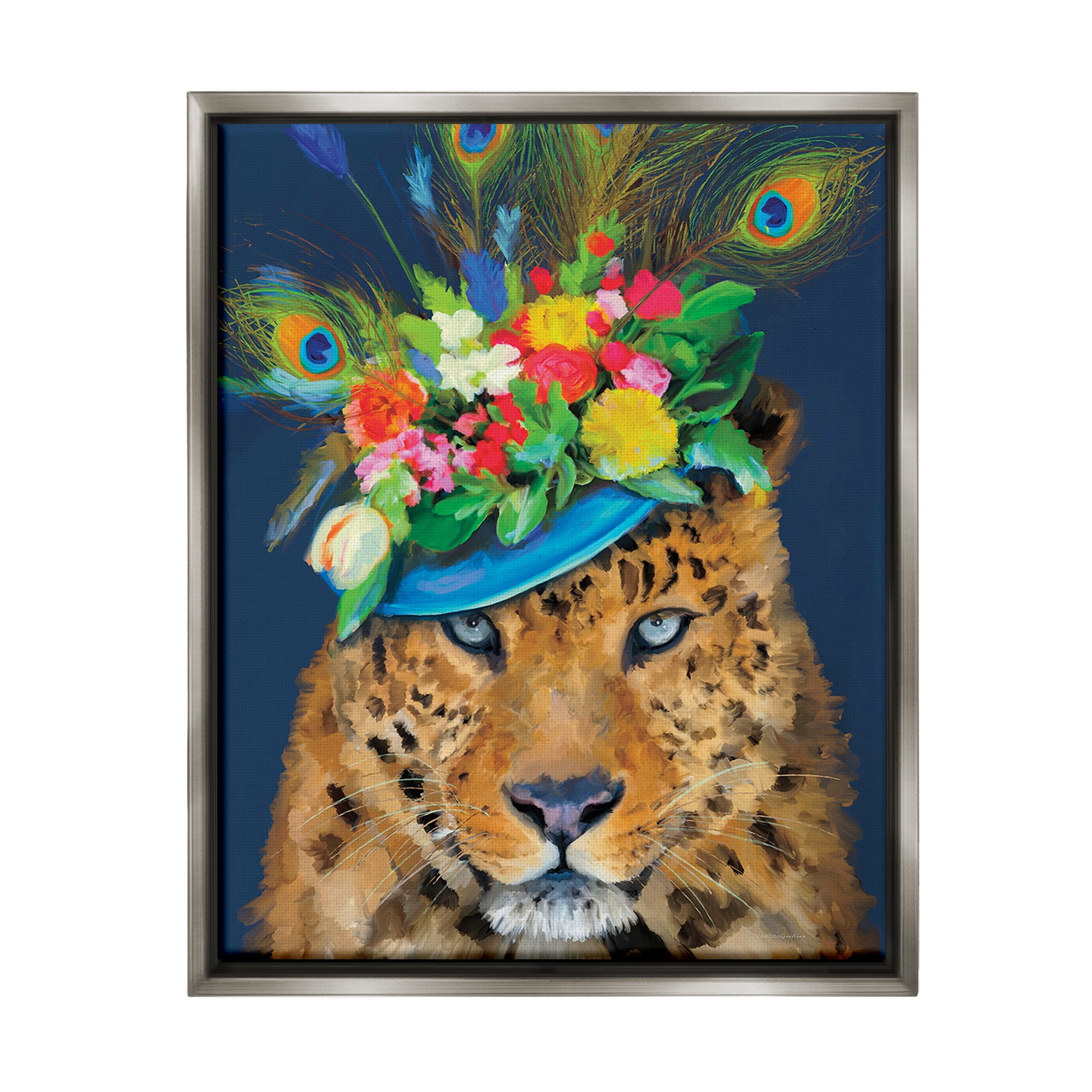 Stupell Industries Cheetah with Feather Hat Animals & Insects Painting Gray Floater Framed Canvas Art Print Wall Art, 17 x 21