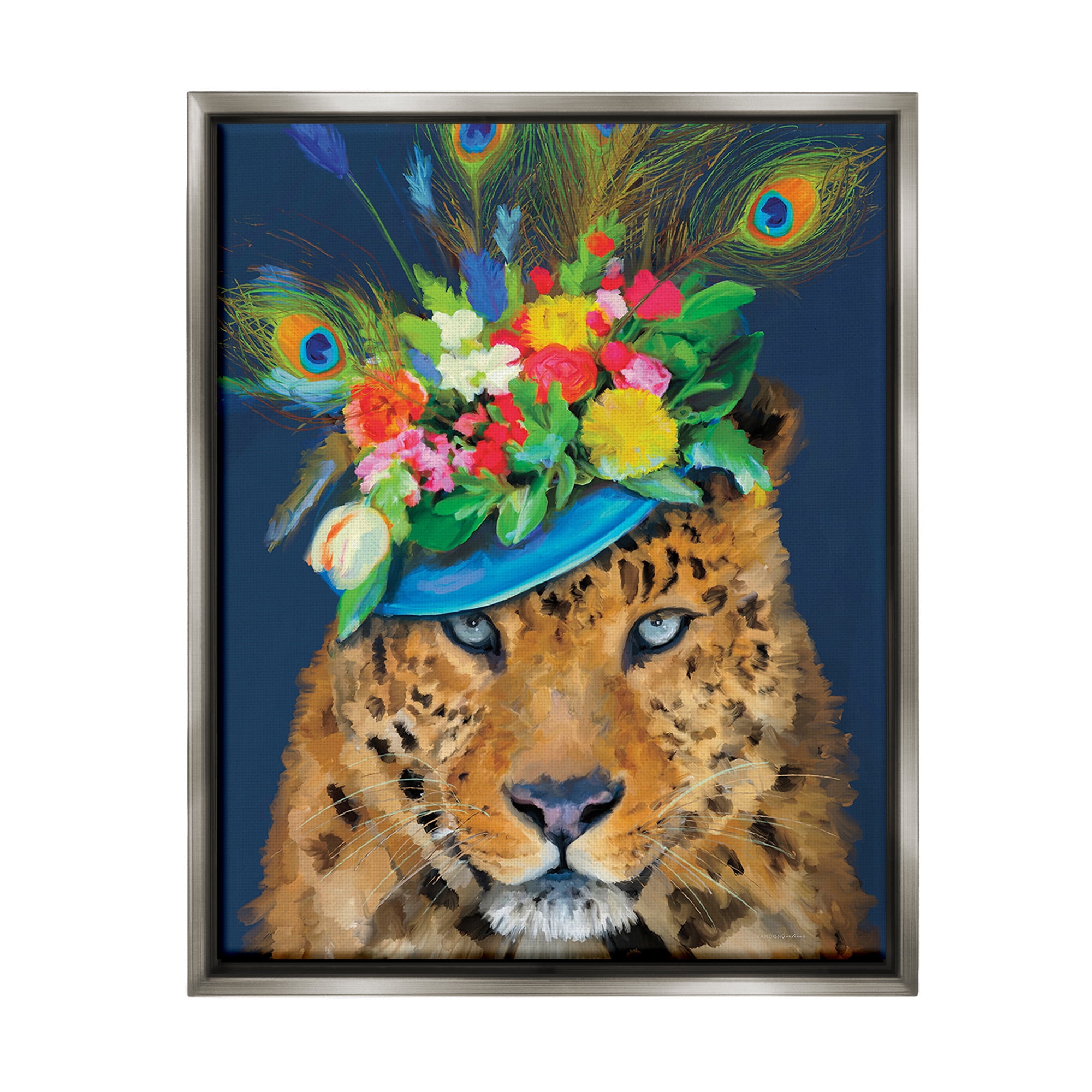 Stupell Industries Cheetah with Feather Hat Animals & Insects Painting Gray Floater Framed Canvas Art Print Wall Art, 25 x 31