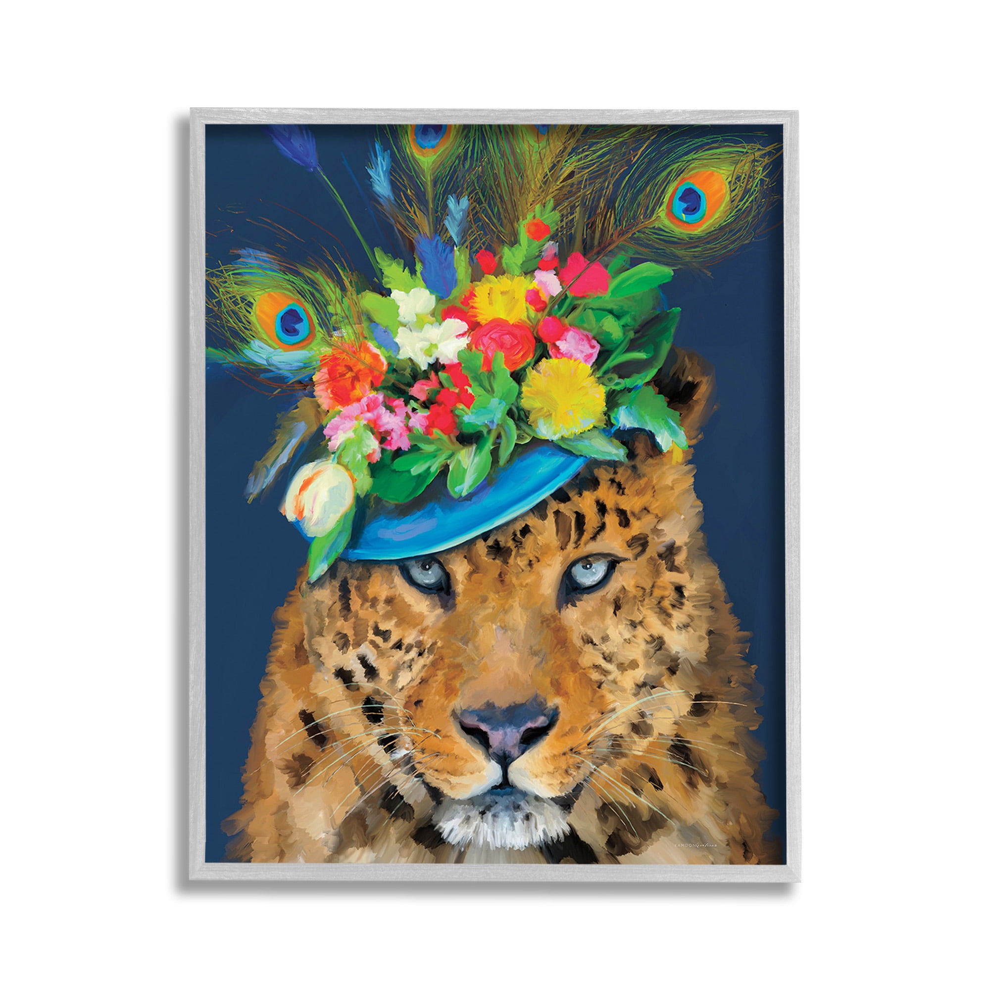 Stupell Industries Cheetah with Feather Hat Animals & Insects Painting Gray Framed Art Print Wall Art, 11 x 14